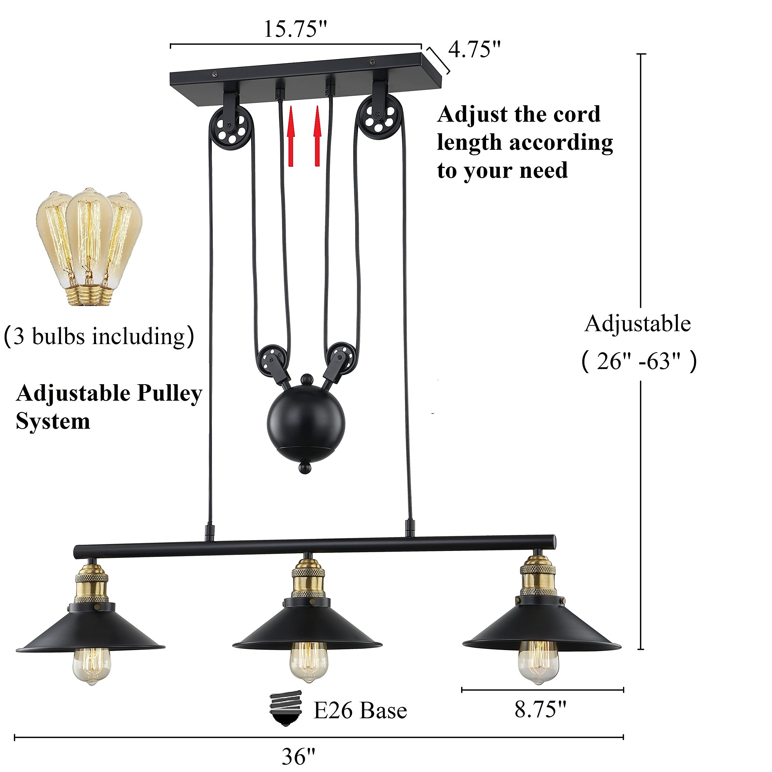 WOXXX 3-Light Adjustable Pulley Pendant Light - Industrial Farmhouse Chandelier with Vintage Rustic Design for Kitchen Island, Dining Room & Foyer | Modern Ceiling Lighting Fixture in Black (Perfect for Open Concept Homes & Loft Spaces)