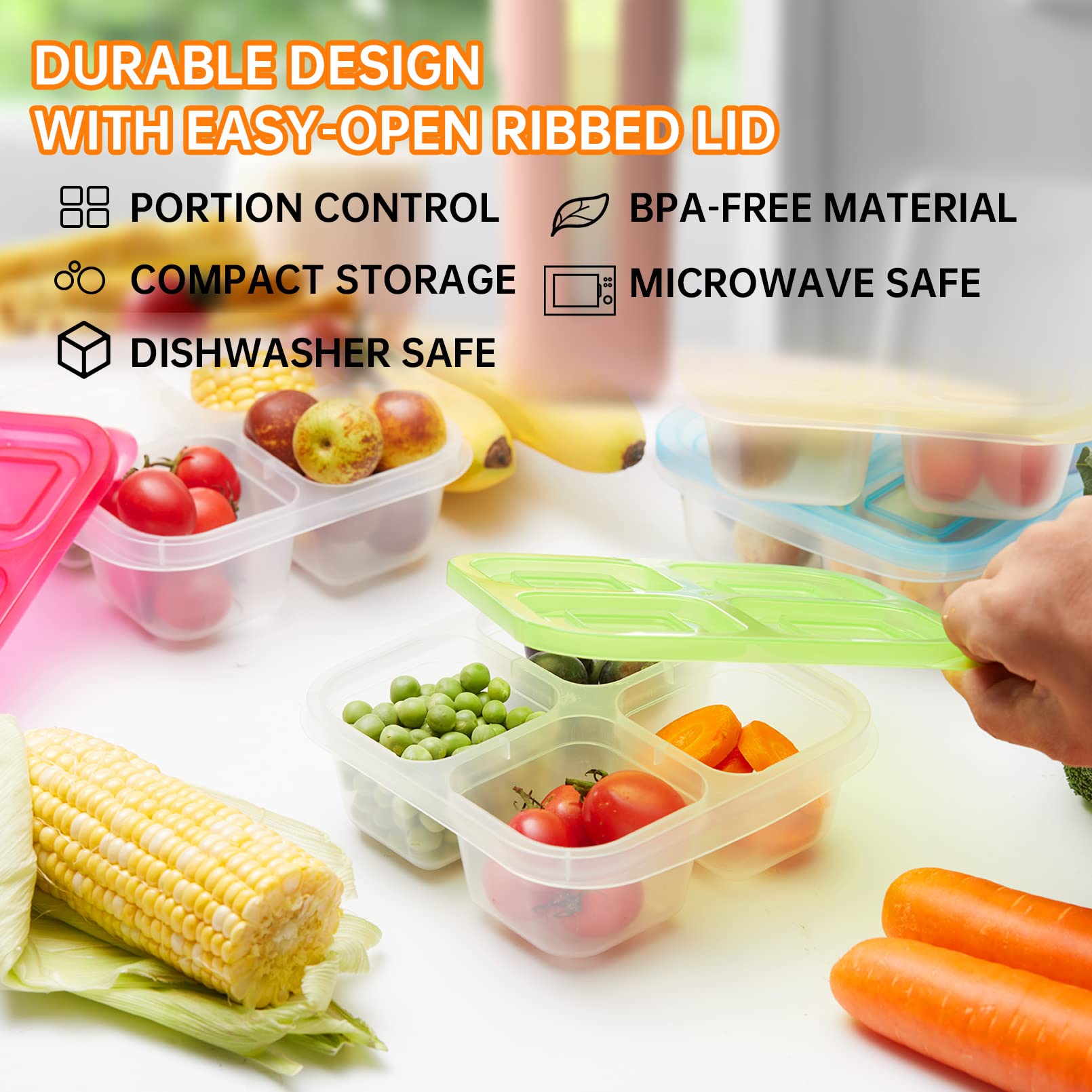 Bento Snack Boxes 10 Pack - 4-Compartment Stackable Food Storage Containers with Lids | BPA Free, Dishwasher Safe Reusable Lunch Boxes for Kids & Adults | Perfect for School, Office, Picnics & Meal Prep