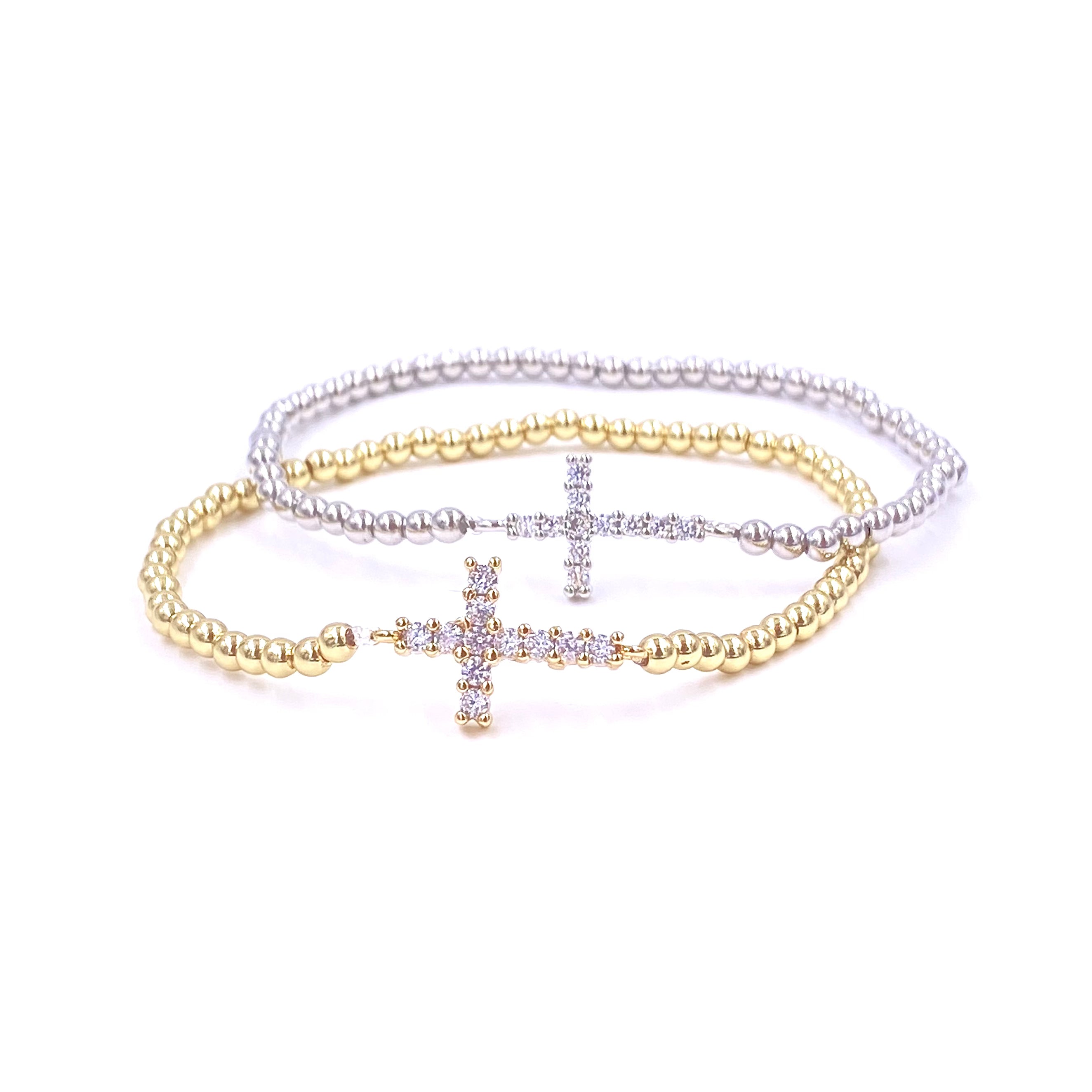 Ashley Gold Stainless Steel CZ Cross Stretch Beaded Bracelet for Women - Elegant Religious Jewelry Gift for Christmas, Baptism & Everyday Wear