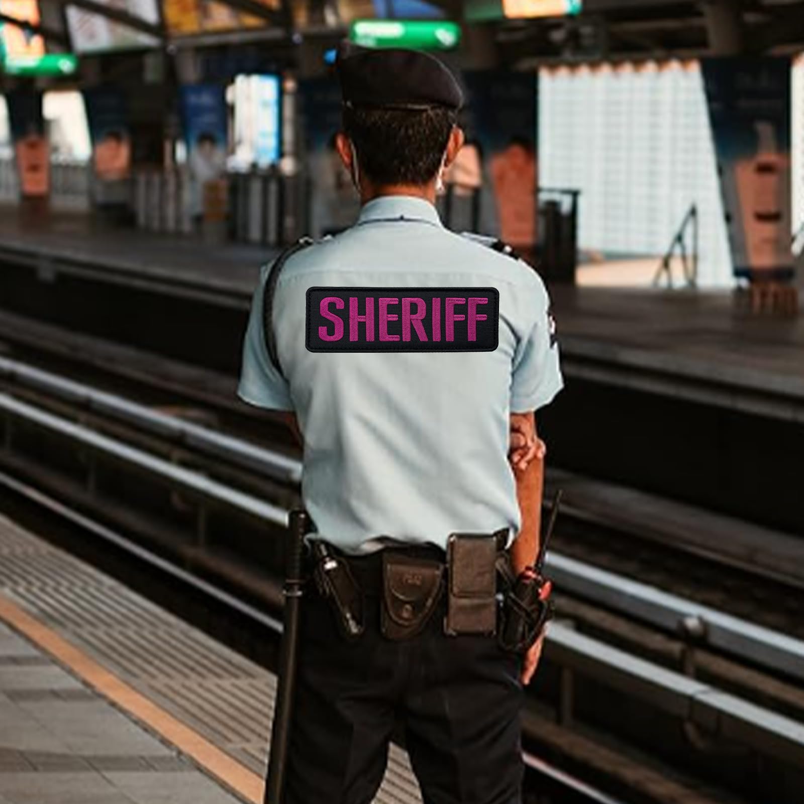 Medium Pink Sheriff Patch 6x2 Inches with Hook Fastener Back - Iron-On Embroidered Badge for Hats, Caps, Bags, Backpacks, Clothing, Vests & Jackets - Perfect for Costumes, DIY Crafts & Uniform Customization (Pink, 6