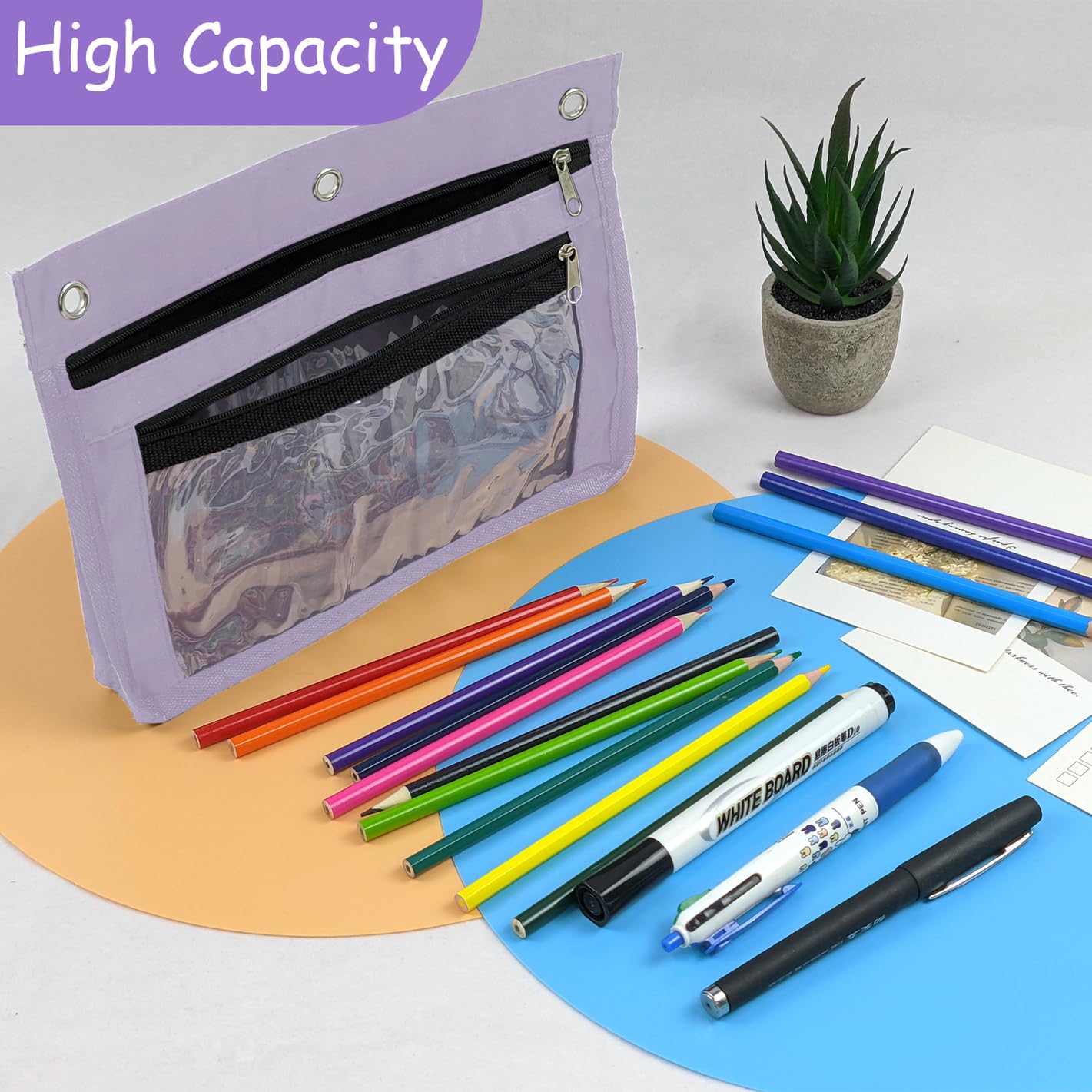 YoeeJob 1 Pack Expandable Zipper Pencil Pouch for 3 Ring Binder - Large Capacity Clear Window Pen Holder Case for School, Office & Classroom Organization (Lavender) - Perfect for Students, Teachers & Professionals to Organize Supplies