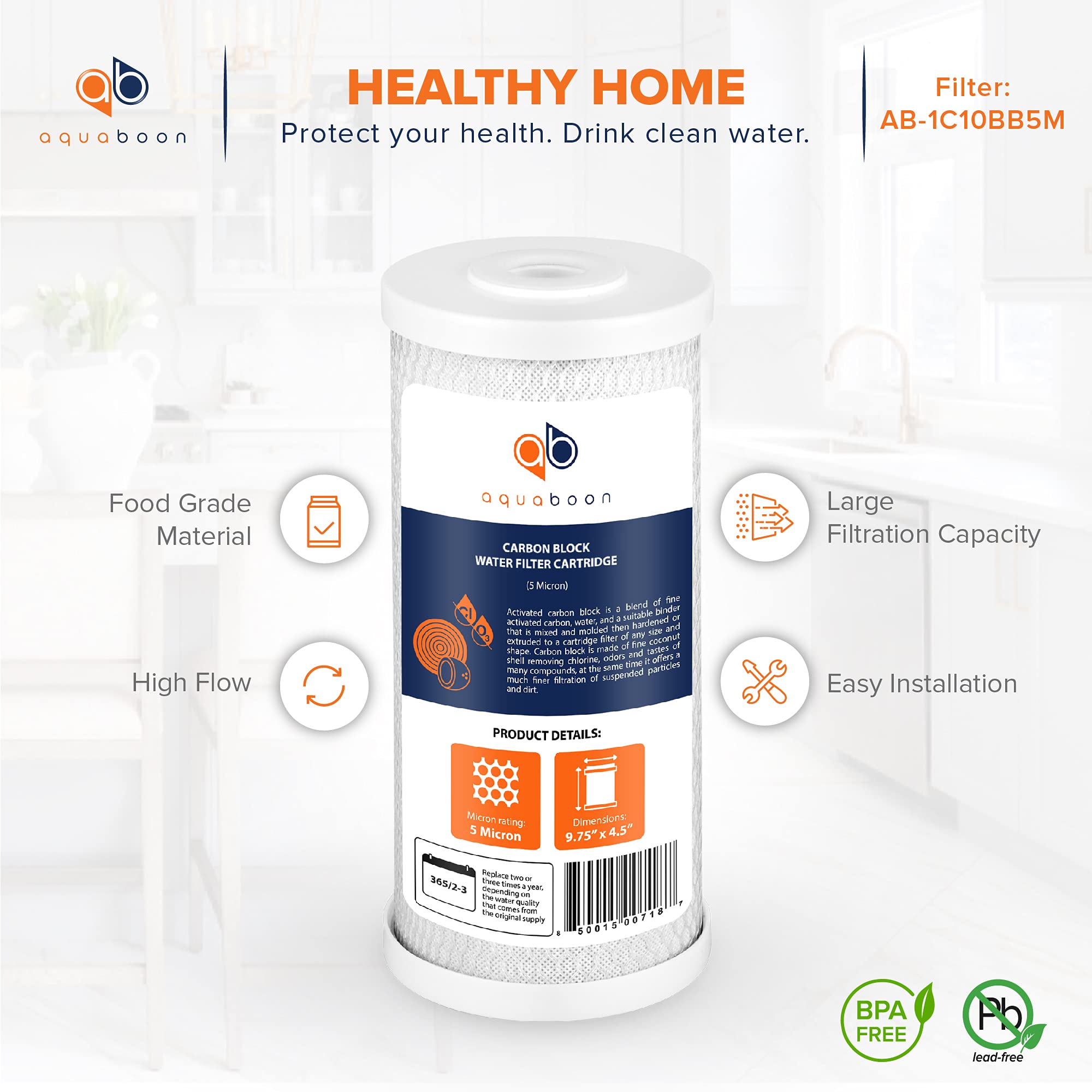 Aquaboon 5 Micron 10x4.5 Inch Carbon Block Whole House Water Filter Replacement Cartridge (12-Pack) - Compatible with FXHTC, CB-BB-10, EP-BB - Perfect for Clean Drinking Water, Refrigerator & Under Sink Filtration Systems