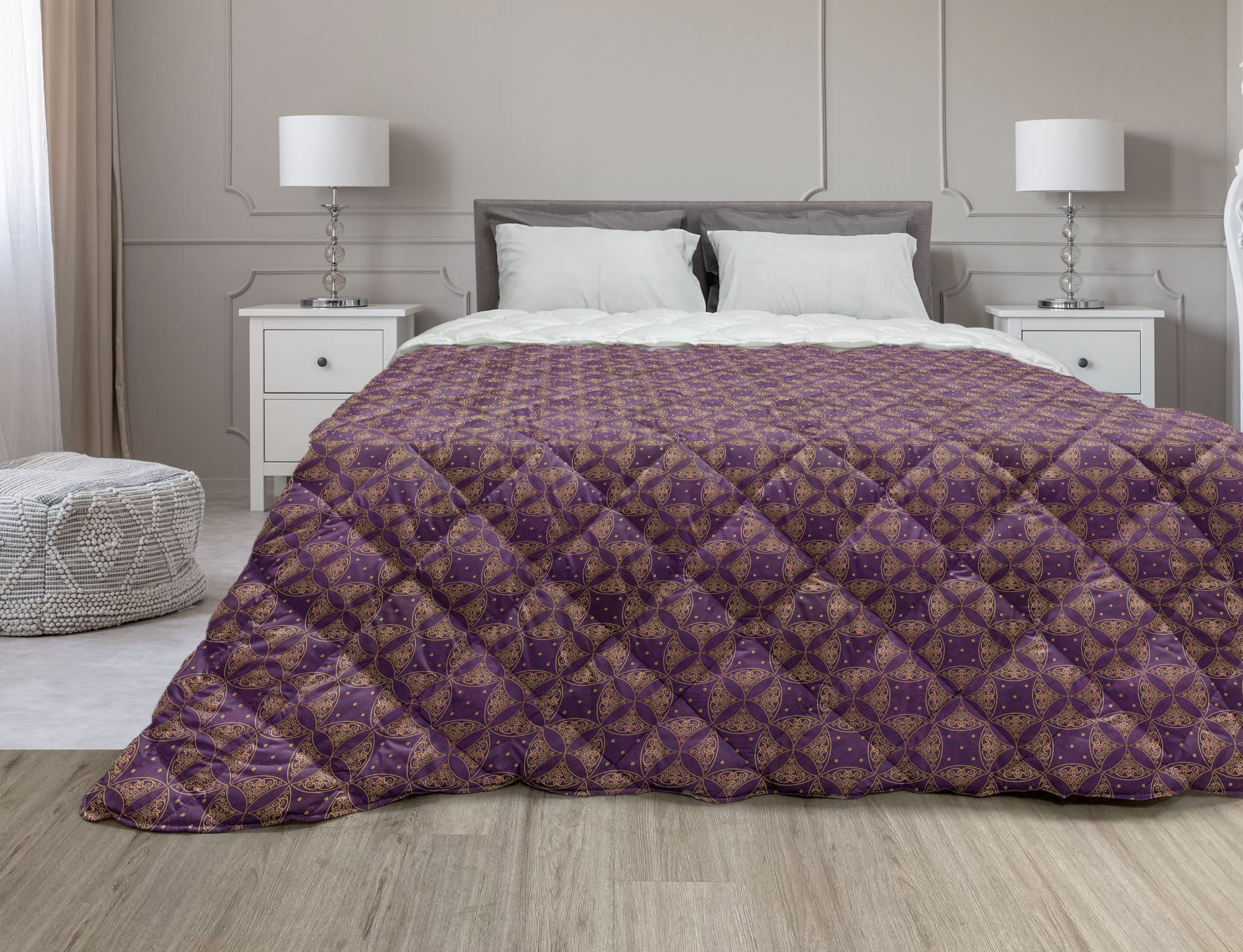 Ambesonne Abstract Down Alternative Comforter - Twin Size Plum & Pale Coffee, Reversible Bicolor Oriental Design with Curly Elements, All-Season Microfiber Bedding for Home, Dorm, Hotel & Guest Room Use