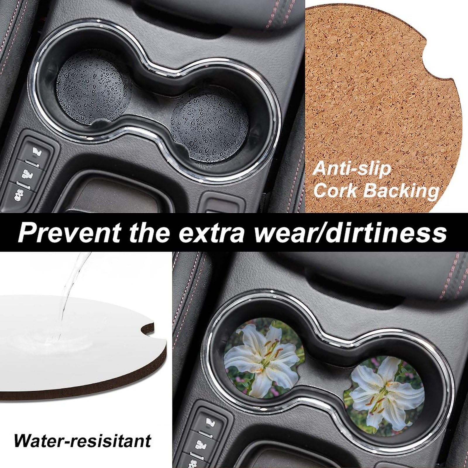 White Lily Flower Car Coasters for Cup Holders - 4 Pack Cork Drink Coasters with Non-Slip Base, Car Accessories for Coffee, Tea & Beverages - Perfect for Cars, Trucks & SUVs