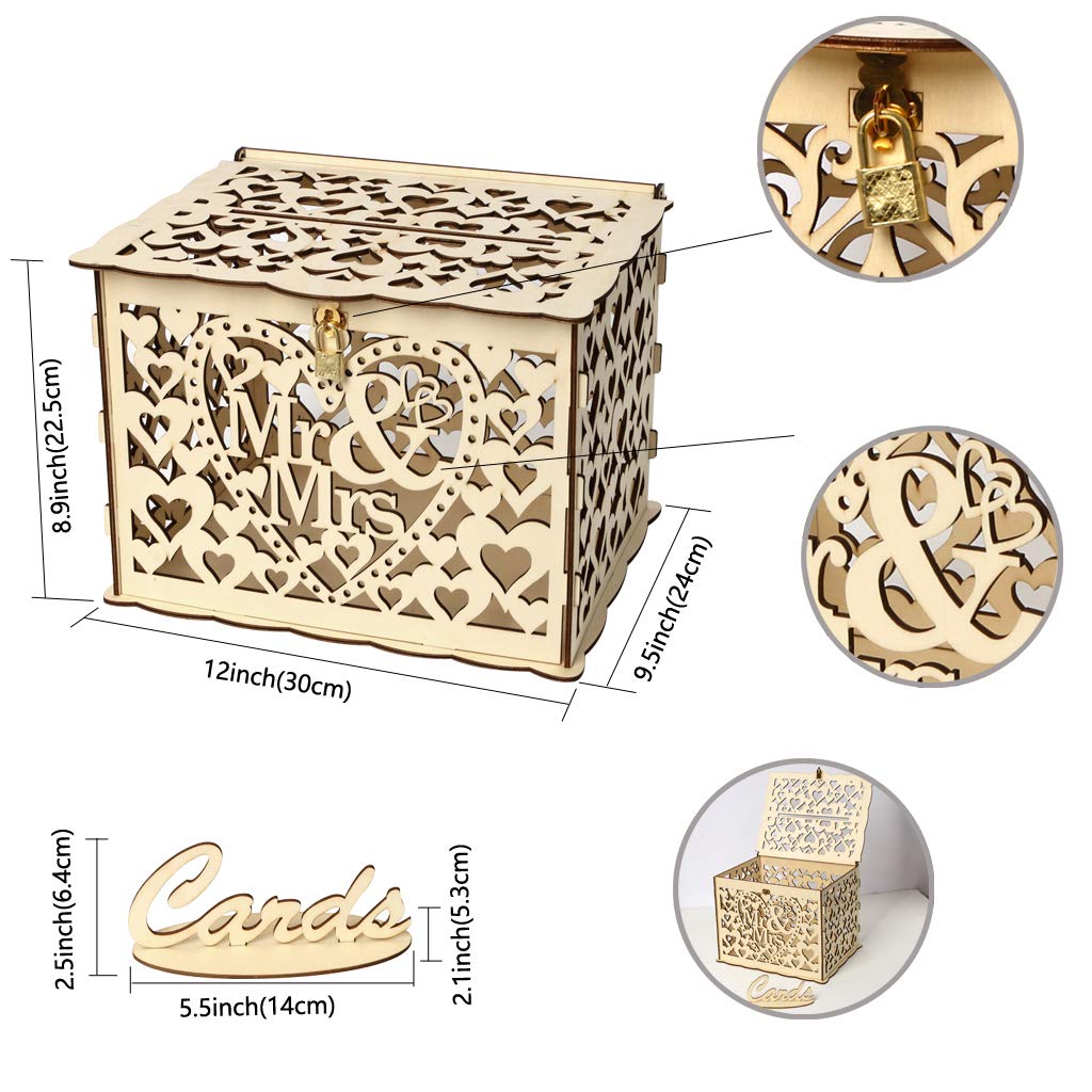 ELEOPTION Rustic Wooden Wedding Card Box with Lock - DIY Hollow Card Holder for Money & Gift Cards - Perfect for Wedding Reception, Anniversary, Baby Shower, Graduation & Birthday Party Decor