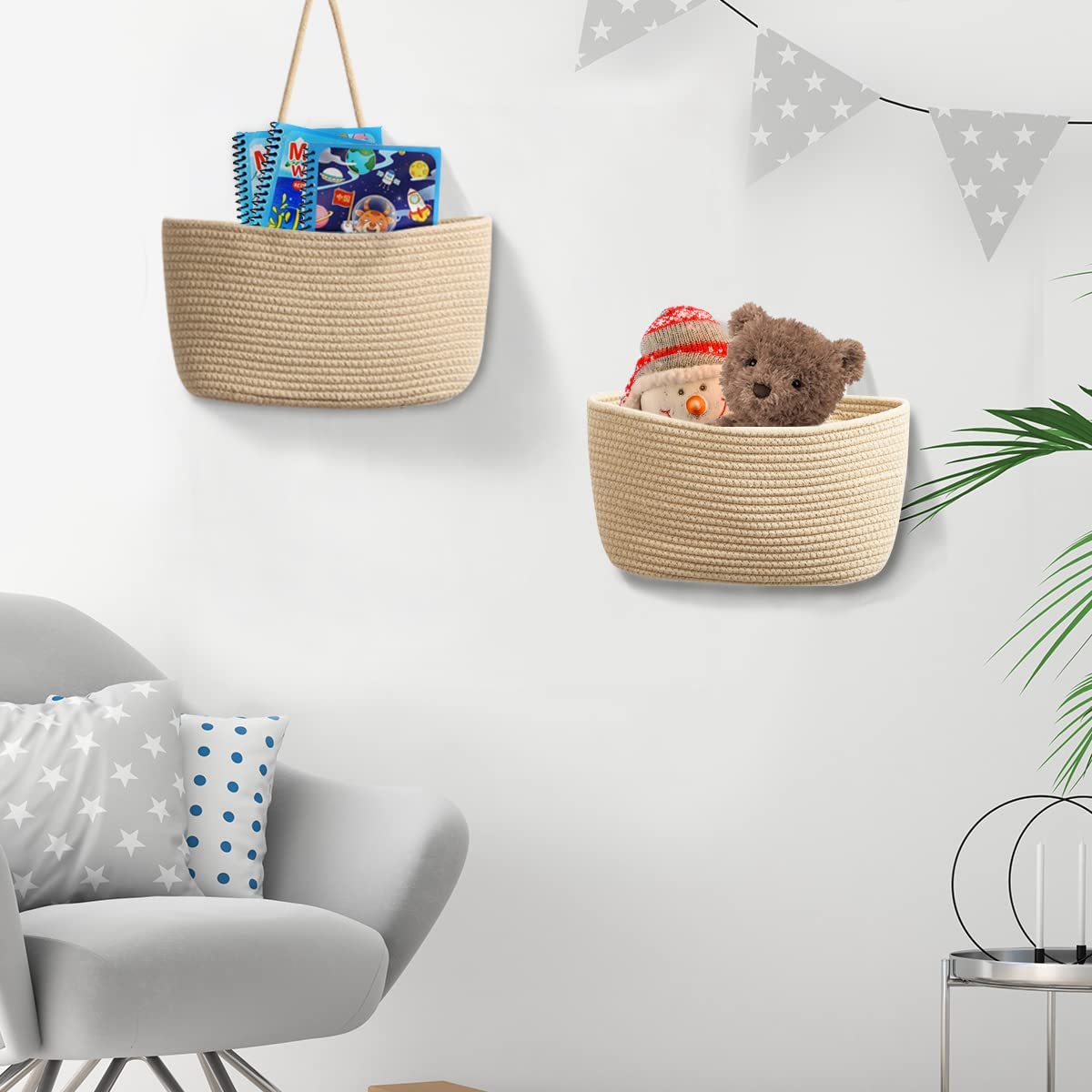 TeoKJ 2-Tier Woven Cotton Over the Door Hanging Basket - Wall Mounted Storage Organizer for Kitchen, Bathroom & Bedroom - Jute Decorative Storage Baskets - Perfect for Fruits, Vegetables, Toys & Towels
