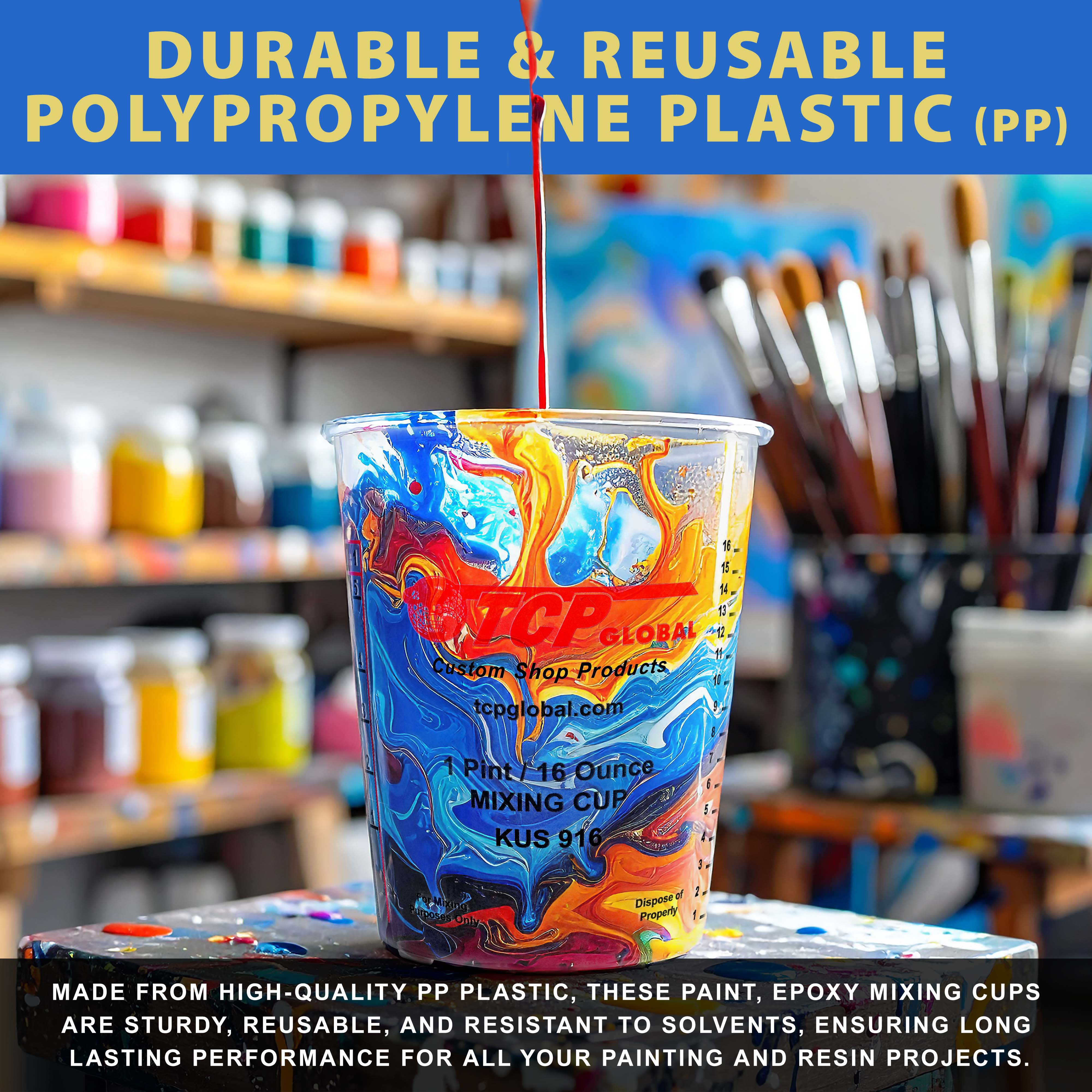 16oz Paint Mixing Cups (Pack of 36) - Disposable & Reusable Plastic Measuring Cups for Automotive Paint, Epoxy Resin, Acrylic Arts & Crafts - Graduated with Mixing Ratios - Perfect for DIY Projects, Home Renovations & Professional Painting