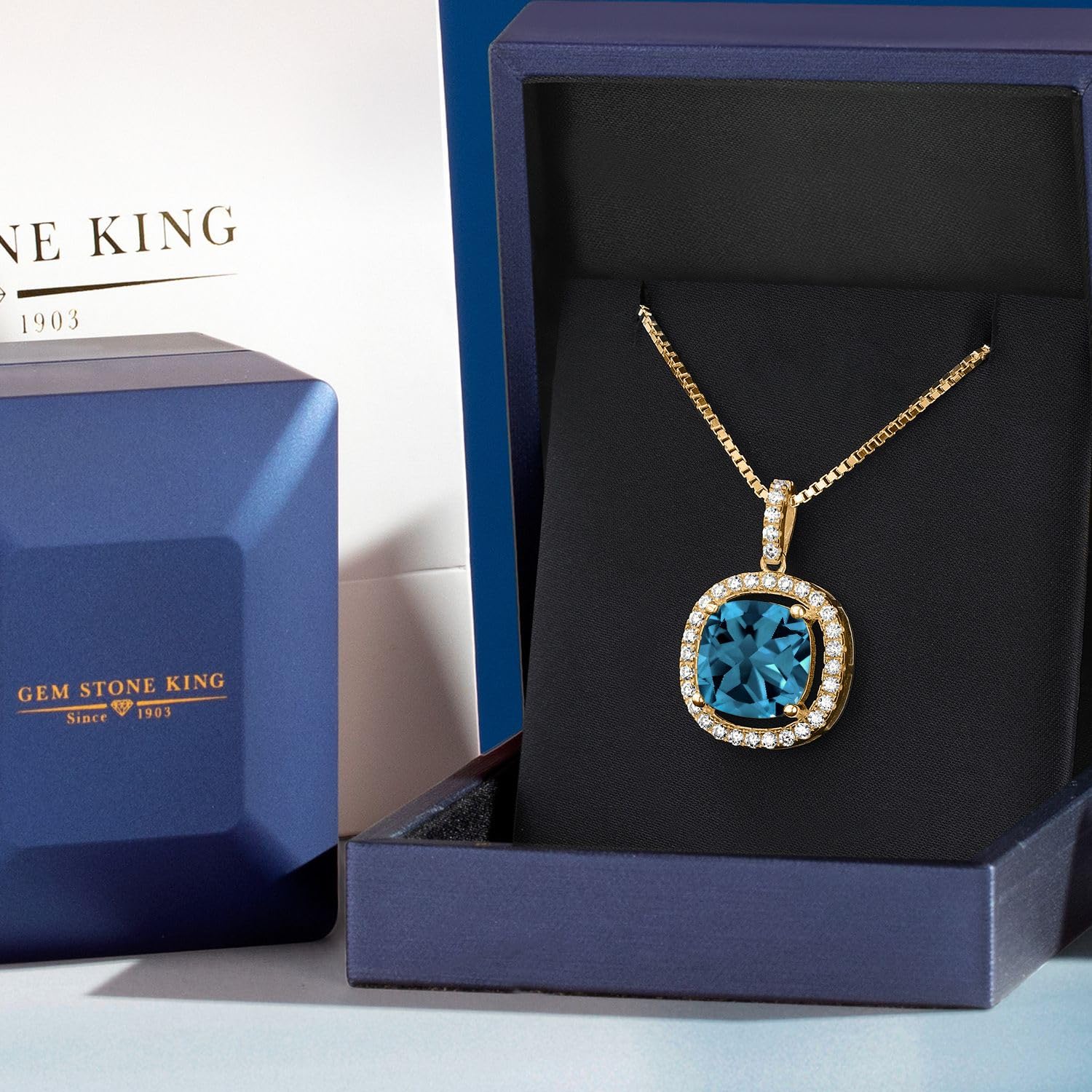 Gem Stone King 18K Yellow Gold Plated Silver 12MM Cushion Cut Birthstone & White Moissanite Halo Pendant Necklace for Women | 18 Inch Sterling Silver Chain | Perfect Gift for Birthday, Anniversary & Special Occasions