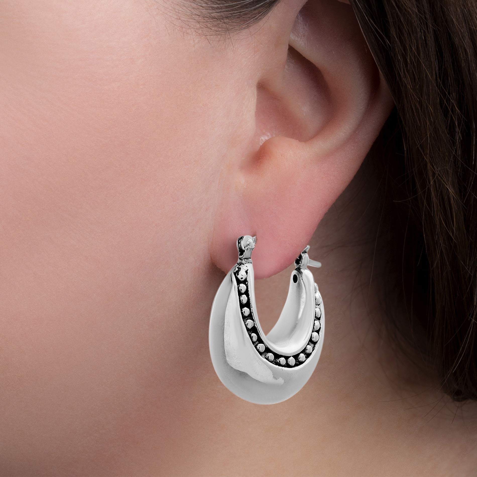 Oxidized Sterling Silver Polished Puffy U-Shaped Beaded Hoop Earrings for Women | Trendy Boho Jewelry for Everyday Wear & Special Occasions