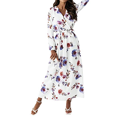 Elegant Floral Print Long Sleeve Women's Dress with Slim Fit Waist & Swing Skirt - Perfect for Evening Parties, Date Nights & Special Occasions (White, Size S)