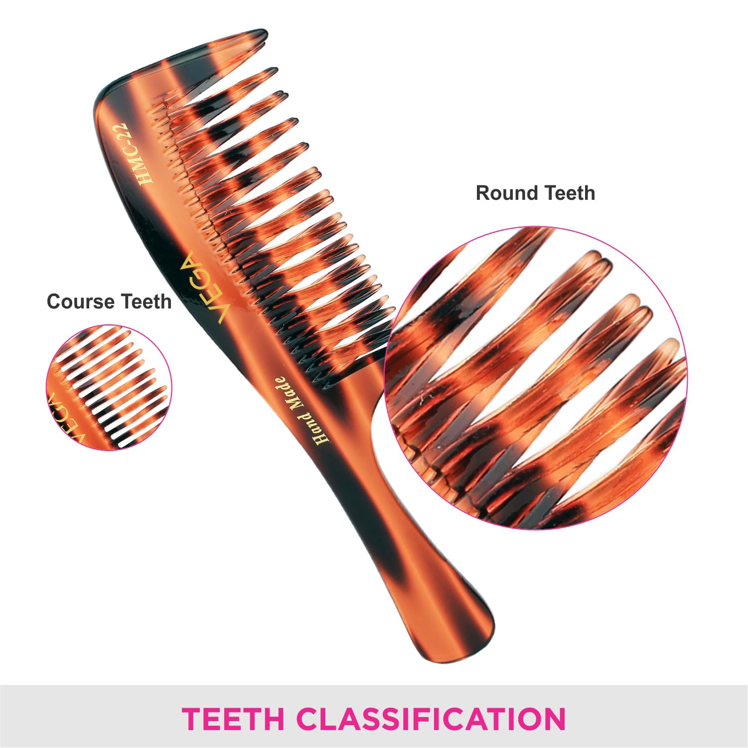 Vega Tortoise Shell Detangling Hair Comb for Men & Women – 2 Rows Anti-Static Wide Tooth Comb, Handmade in India (HMC-22) | Perfect for Wet Hair, Thick Hair & Curly Hair Care