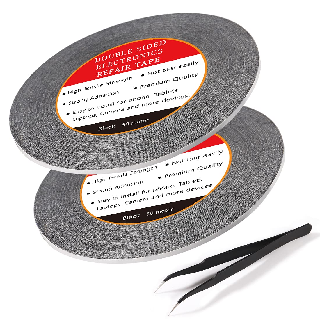 2-Pack Double Sided Heavy Duty Adhesive Tape - 3mm x 50m Strong Bonding Tape for Phone, Tablet, Laptop & Camera Repair - Includes 1 Precision Tweezers (Black) | DIY Fixes, Home Repairs & Electronics Maintenance