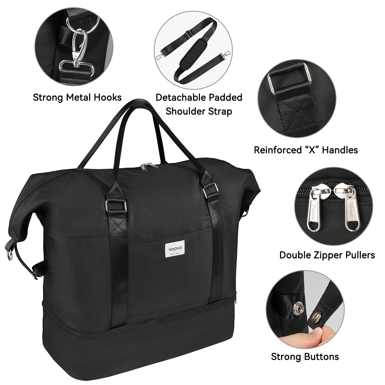 Voova Weekender Bags for Women & Men - Large Travel Duffle Bag with Shoe Compartment & 4 Toiletry Bags - Perfect Carry-On Overnight Bag for Gym, Yoga, Hospital & Weekend Getaways (Black)
