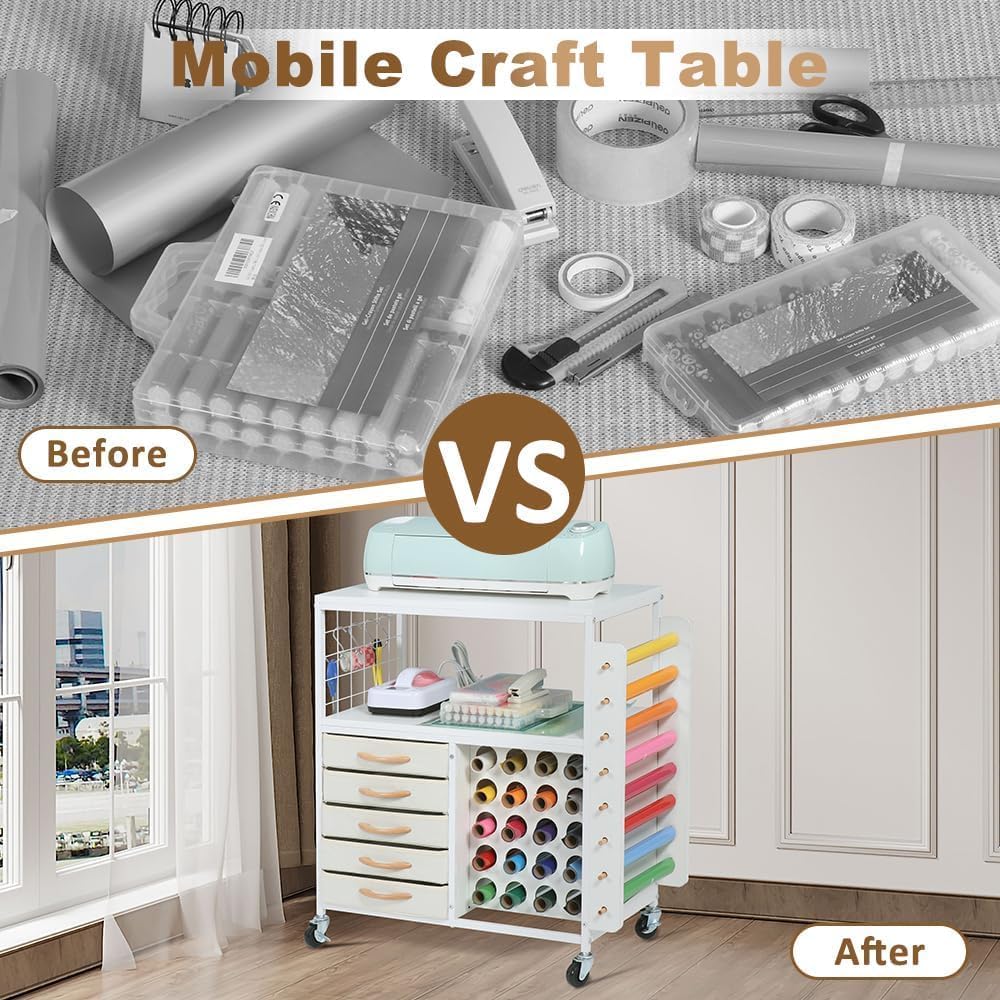 LUCKUP Craft Storage Rolling Cart for Cricut Machines - 28 Vinyl Roll Holders, 5 Drawers & Heat Press Stand - Mobile Craft Organization Cabinet with Hooks - Perfect for DIY Projects, Scrapbooking & Home Craft Room Organization
