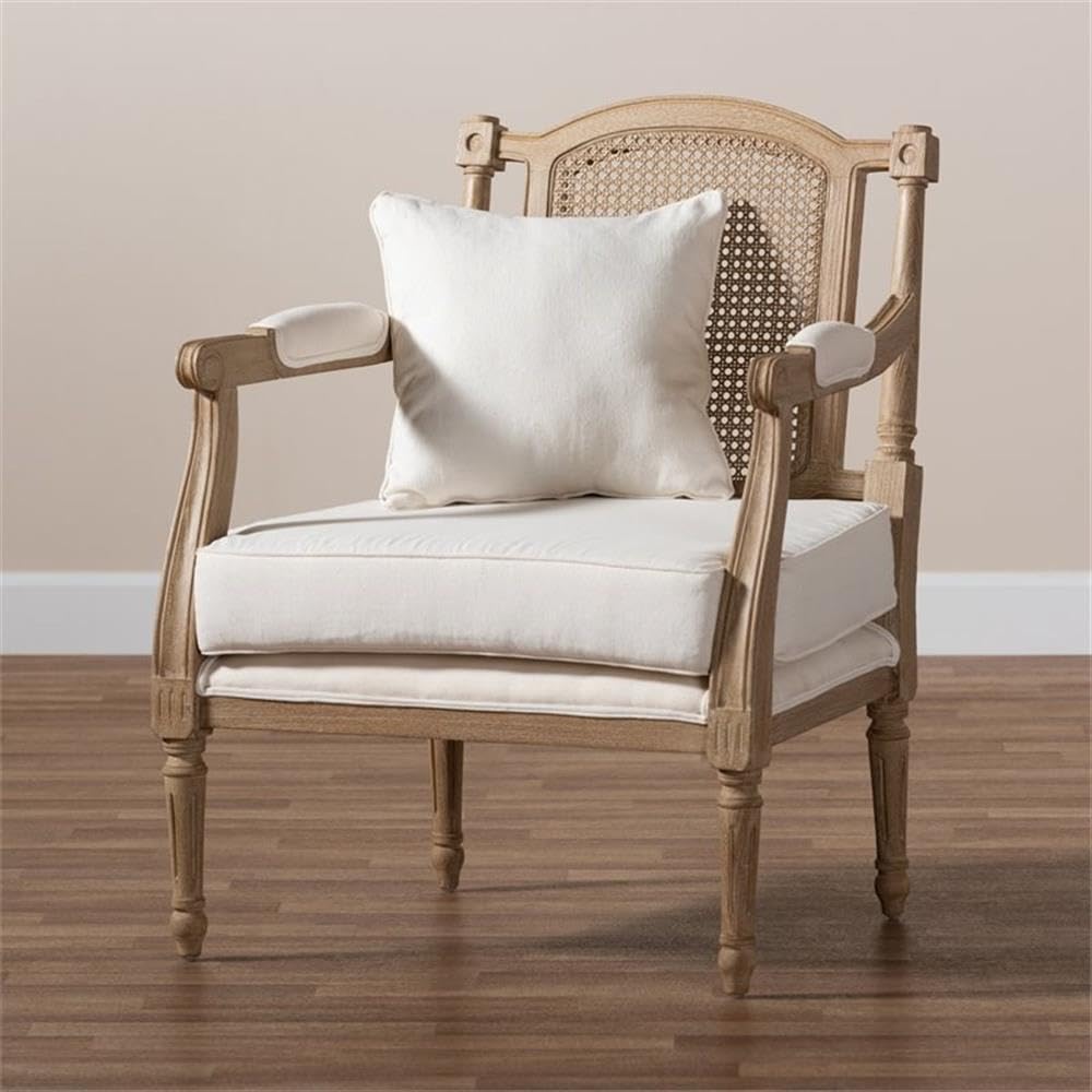 Baxton Studio Clemence Ivory Upholstered Whitewashed Wood Armchair - Modern Farmhouse Dining Chair for Kitchen, Living Room & Office