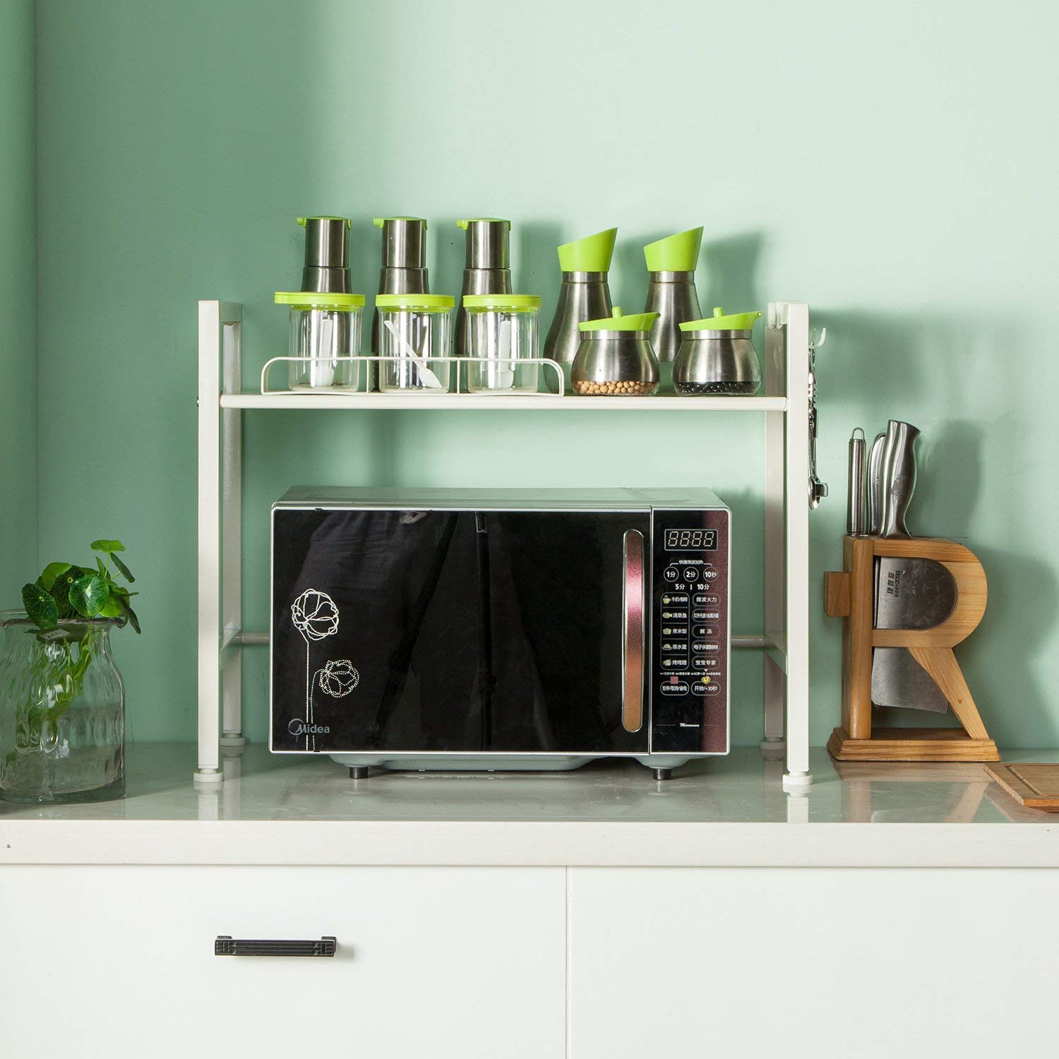 Compact White Kitchen Shelf - Black Metal Storage Rack for Microwave & Spices, Holds 50kg - Perfect for Small Kitchens & Space Saving