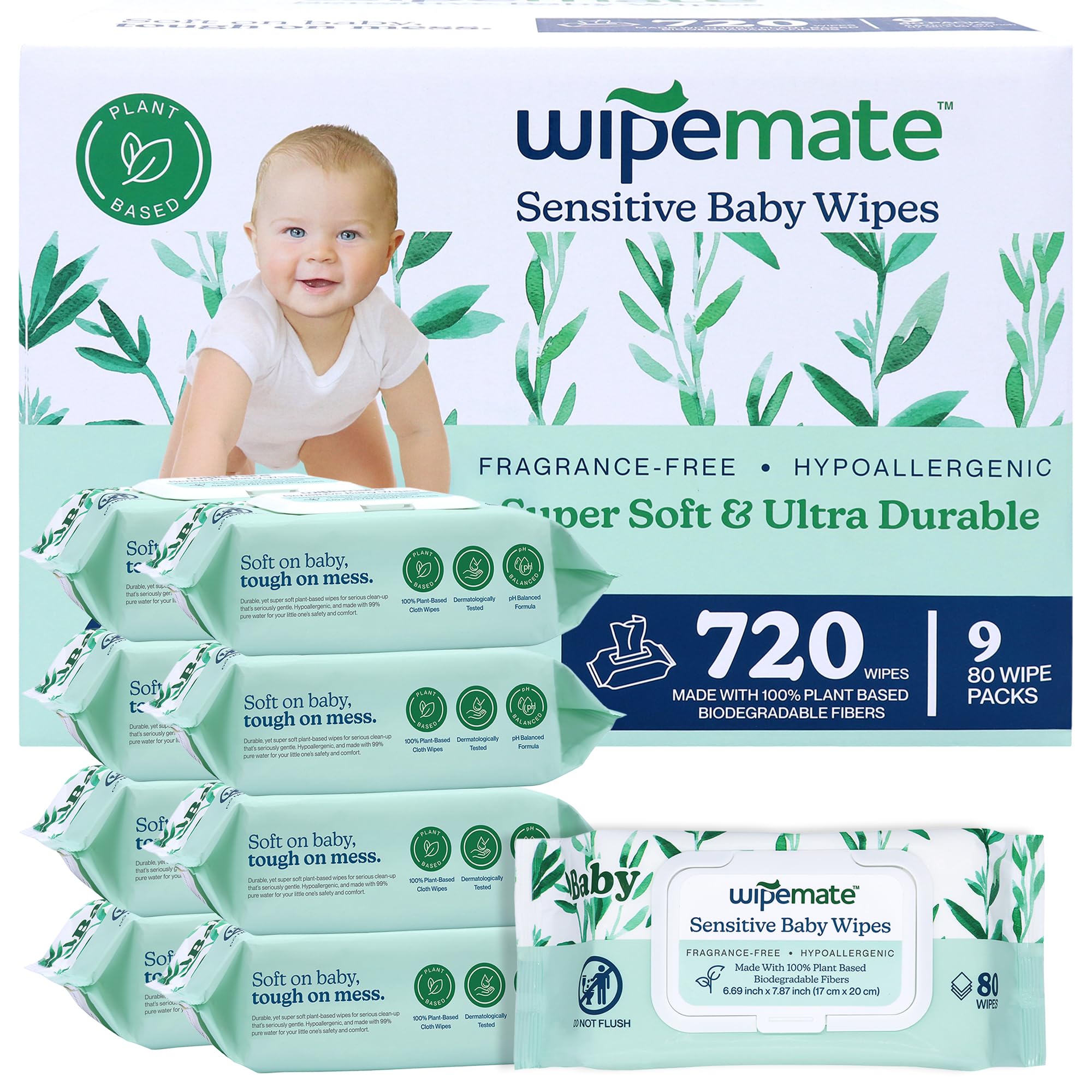 WIPEMATE Sensitive Baby Wipes - 99% Water, Plastic-Free, Plant-Based, Hypoallergenic & Unscented for Delicate Skin - 9 Flip-Top Packs (720 Count) - Perfect for Diaper Changes, On-the-Go Cleaning & Gentle Face Care