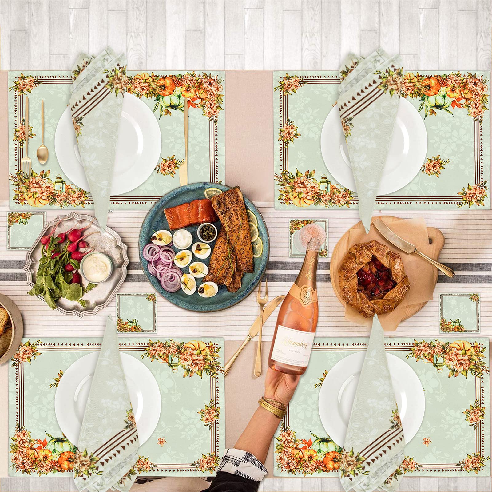 ASPMIZ 12-Piece Thanksgiving Placemat Set - Waterproof Floral Table Mats with Napkins & Coasters, Non-Slip Dining Table Decor for Fall & Autumn (12x18 Inch) - Perfect for Thanksgiving Dinner, Holiday Gatherings & Seasonal Home Decor