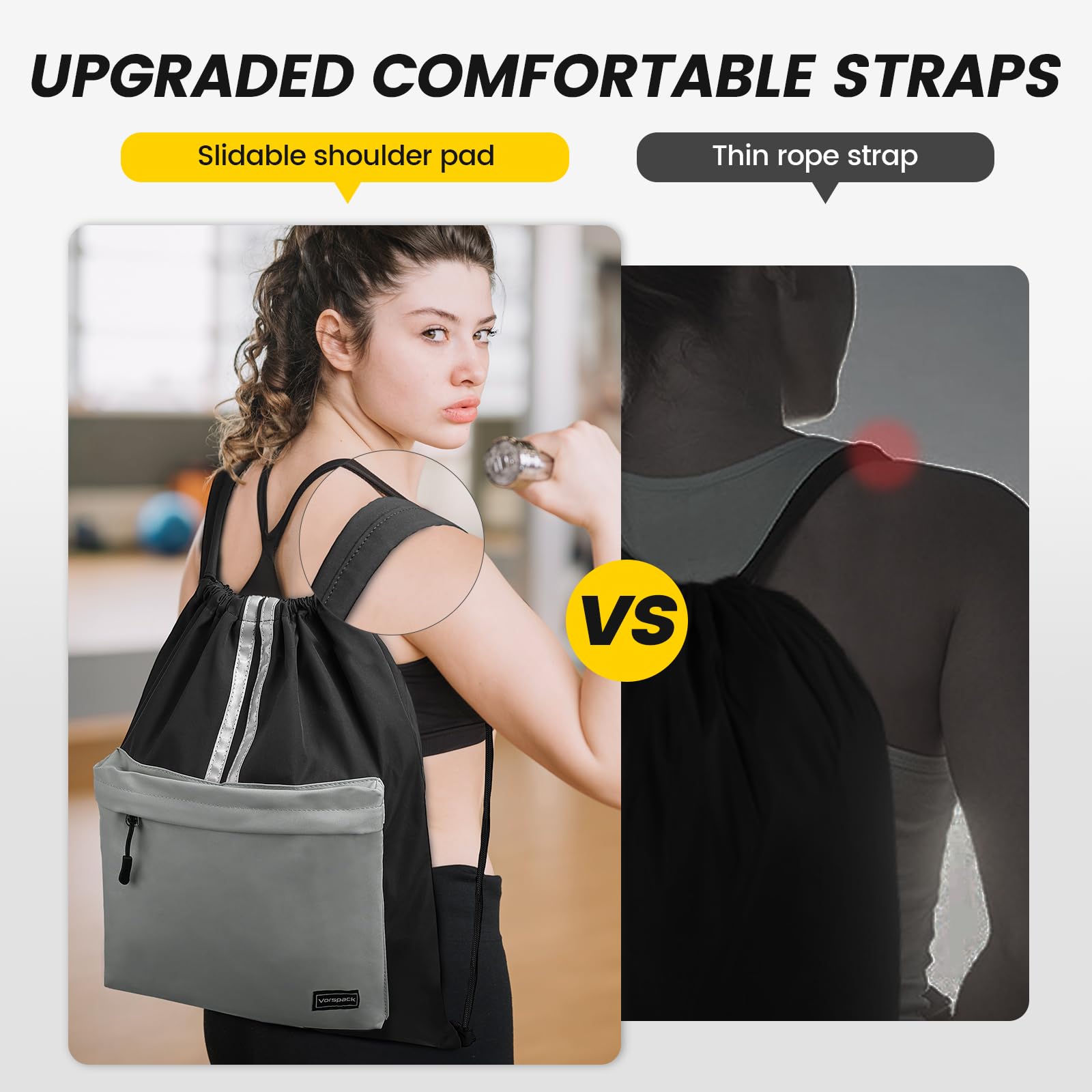 Vorspack Lightweight Drawstring Backpack with Front Pocket & Reflective Strips - Gym Sports Hiking Travel Sackpack for Men Women - Perfect for Workouts, School, Outdoor Adventures (Black)