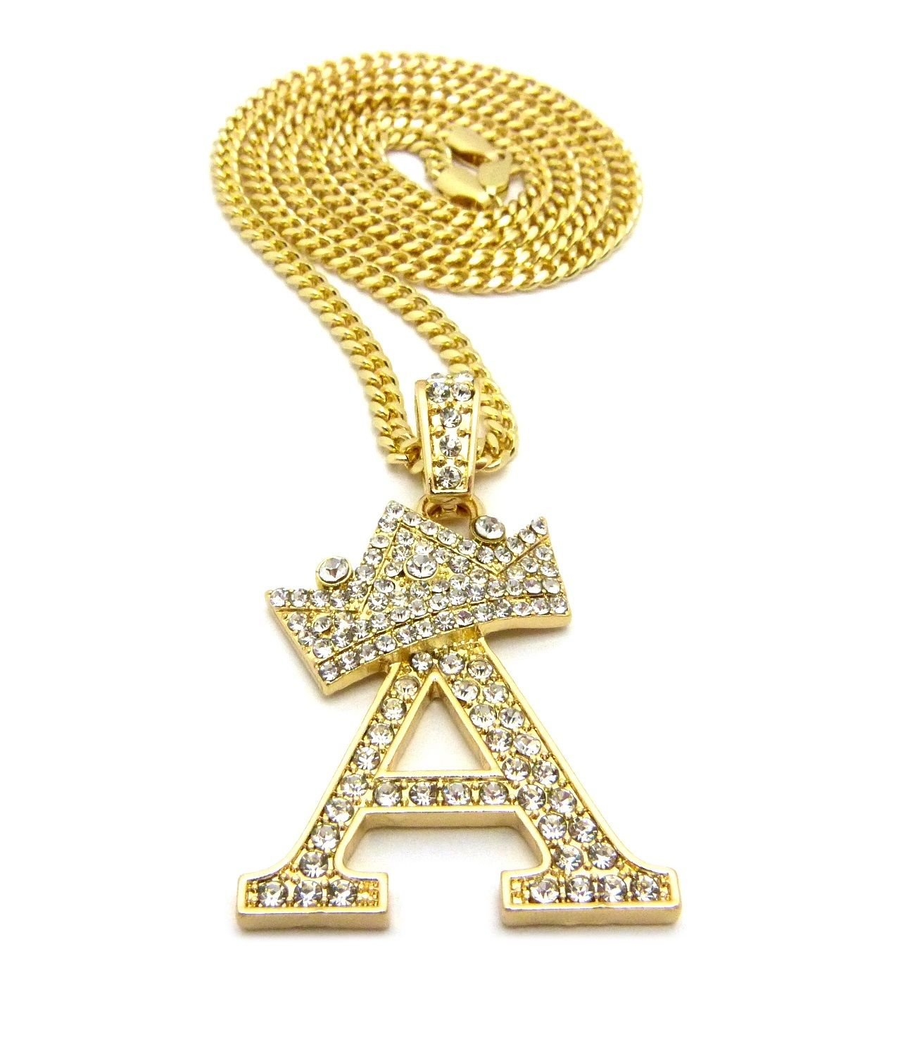 Shiny Jewelers USA Men's Iced Out Tilted Crown Alphabet A B C Pendant Cuban Chain Hip Hop Necklace - Perfect for Hip Hop Fashion, Streetwear & Gift Giving