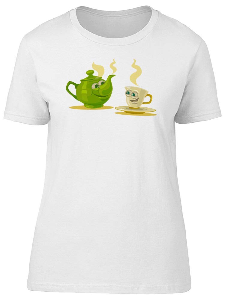 Smartprints Women's Cartoon Tee with Tea Cup & Teapot Design - Cute Casual Graphic T-Shirt for Tea Lovers, Perfect for Relaxing at Home, Tea Parties & Coffee Dates