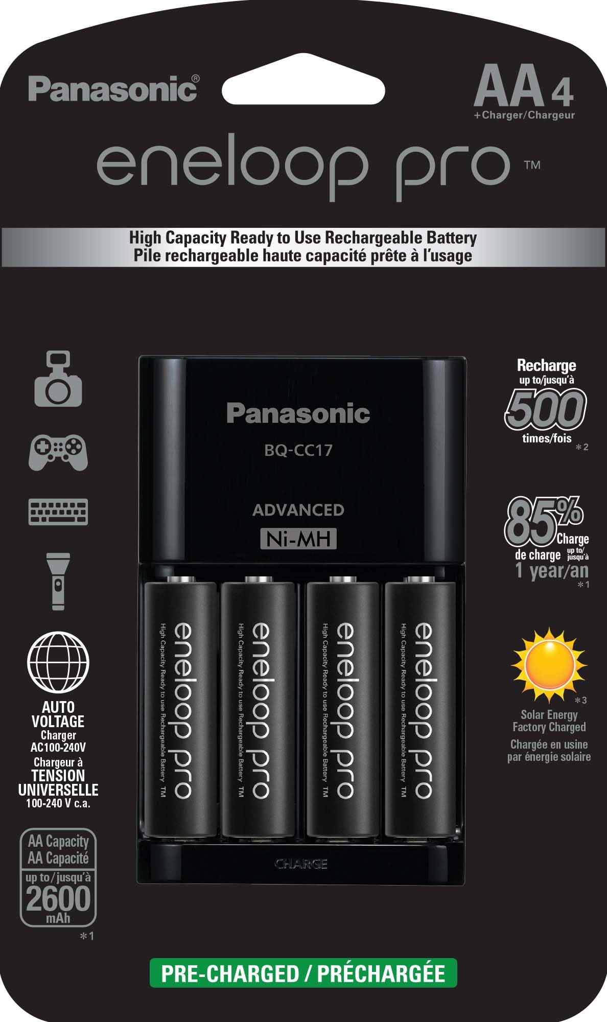 Panasonic Eneloop Pro AAA BK-4HCCA16FA & AA BK-3HCCA8BA High Capacity Ni-MH Rechargeable Batteries with Advanced K-KJ17KHCA4A Individual Cell Charger - Perfect for Digital Cameras, Flashlights, and High-Drain Devices