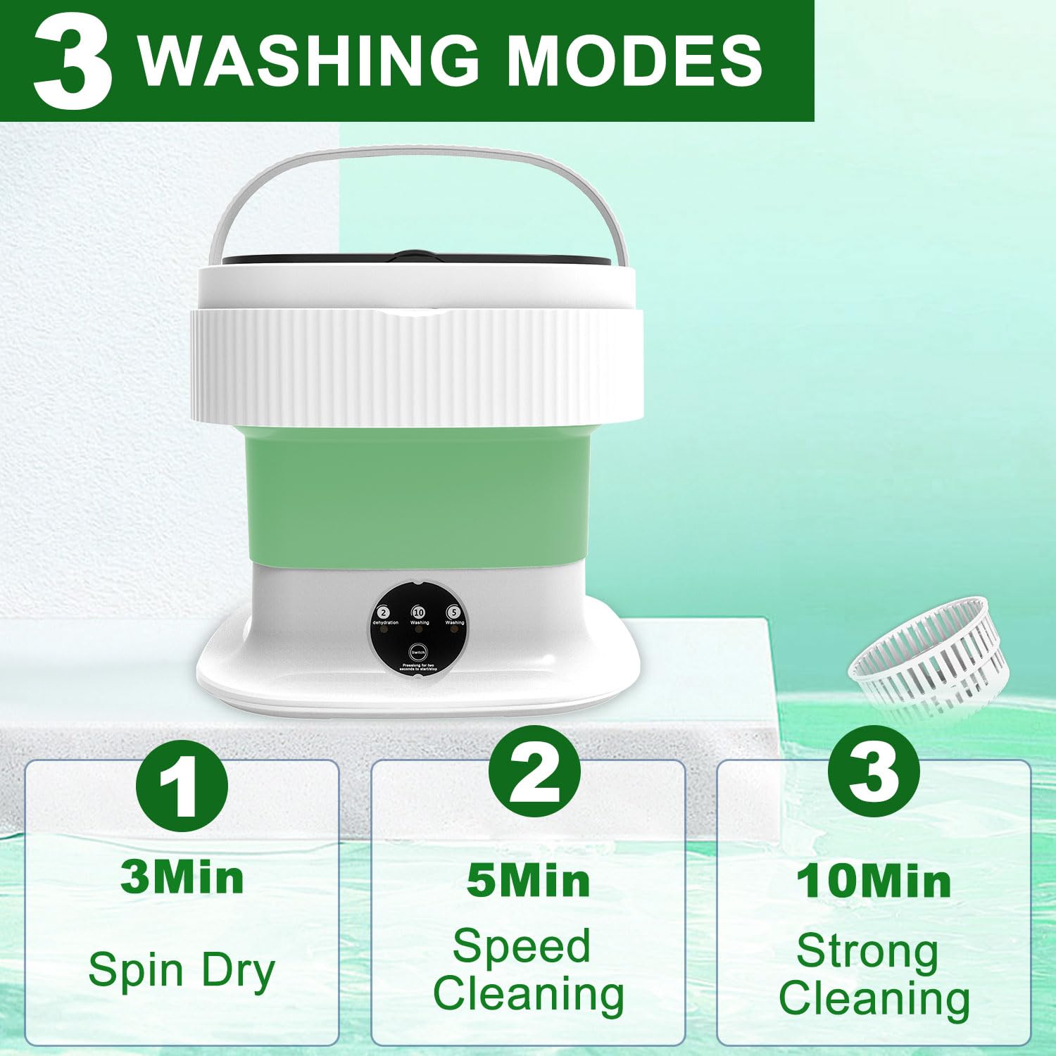 15L Portable Washing Machine with Spin Dryer - Foldable Mini Washer for Travel, Dorm, Apartment & RV - Compact Laundry Solution for Baby Clothes, Underwear & Socks - Perfect Green Space-Saving Washing Machine for Small Spaces & Camping