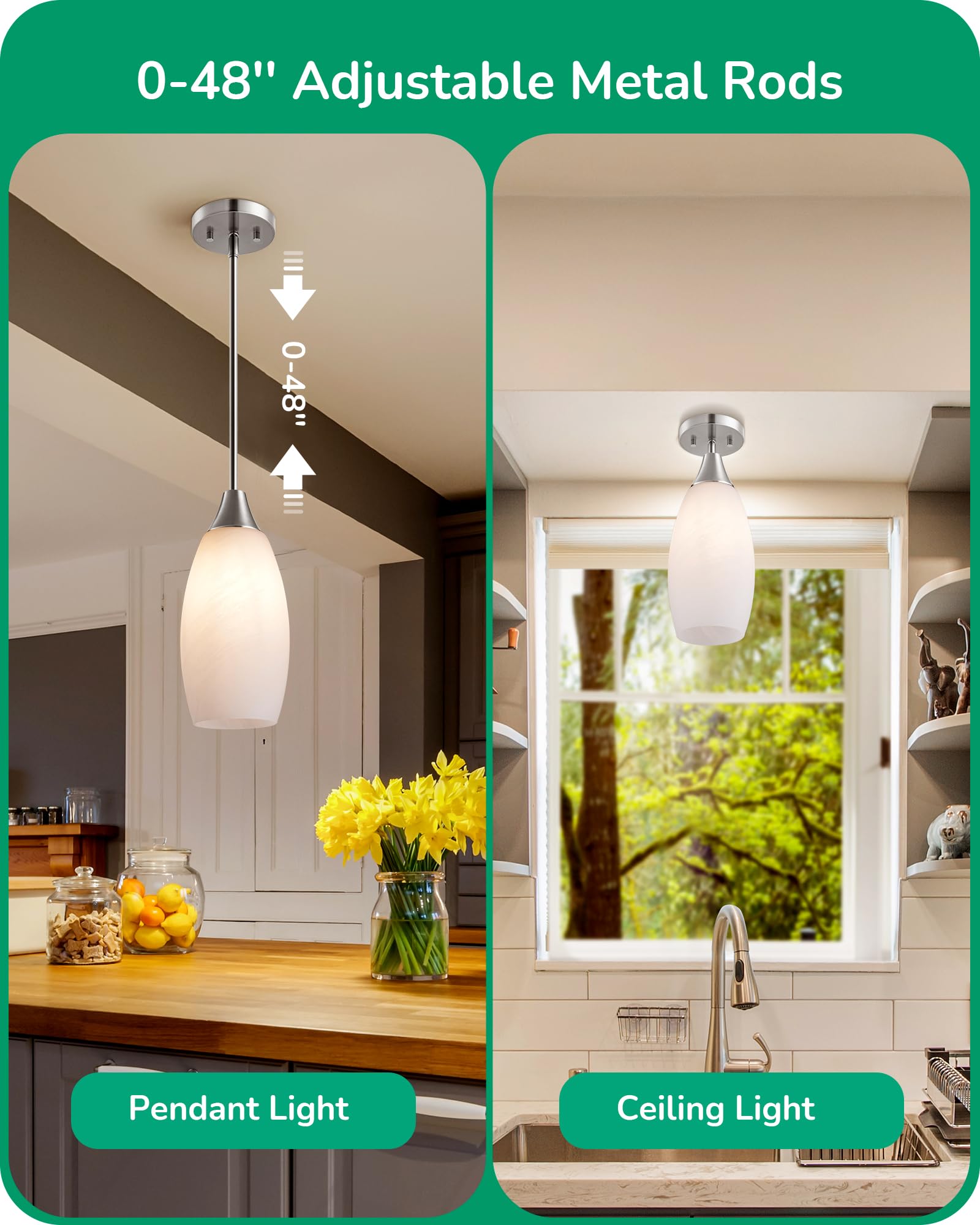 EDISHINE Handcrafted Art Glass Pendant Light Fixture - White Marble Glass Shade with Adjustable Brushed Nickel Rods, Hardwired Ceiling Light with E26 Base | Perfect for Kitchen, Bathroom, Bar & Dining Room Lighting