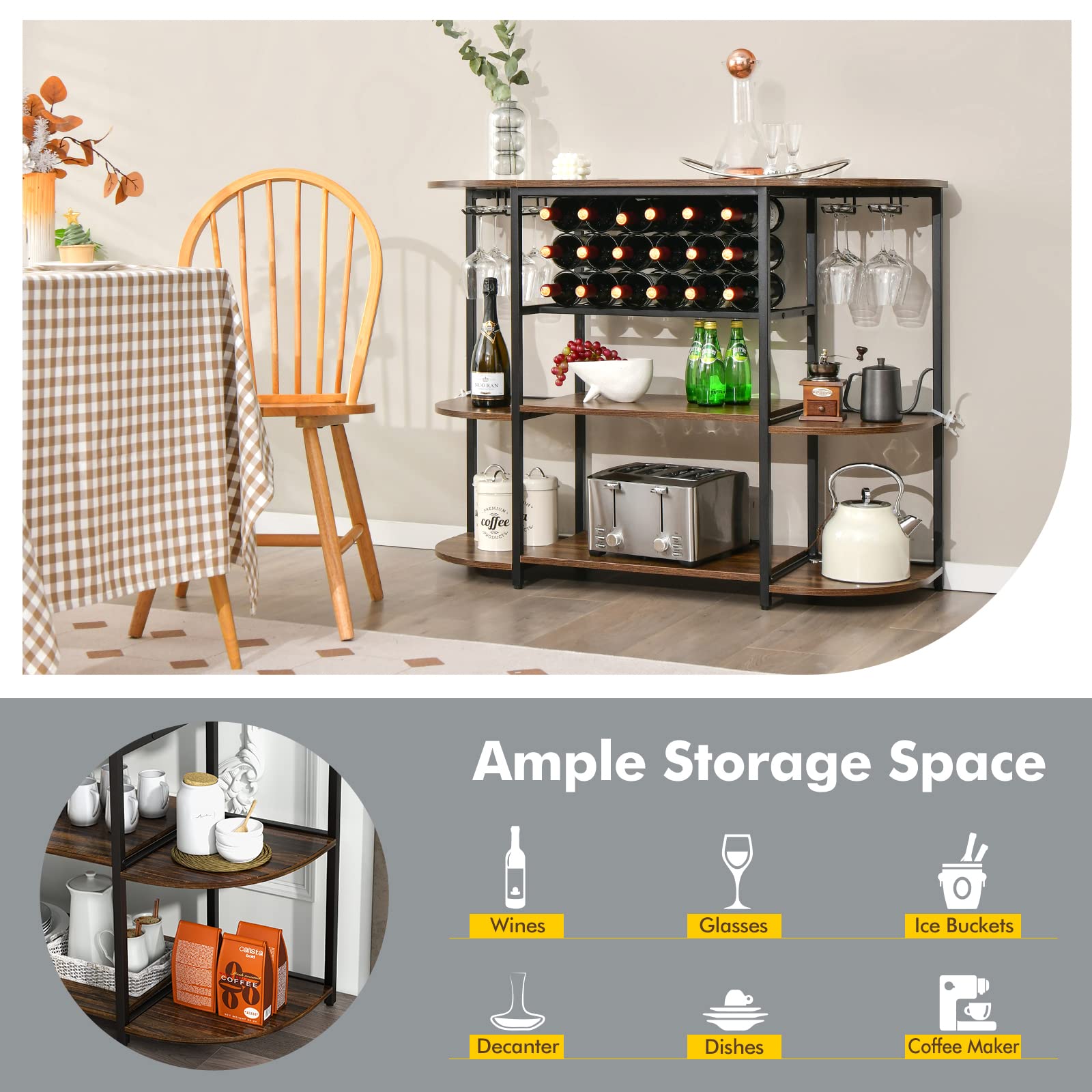 LOKO 47-Inch Industrial Wine Bar Cabinet with Wine Rack & Glass Holders - Freestanding Floor Bar Storage for Liquor, Wine Bottles and Glasses - Rustic Brown Finish for Home Kitchen, Dining Room, Bar or Entertainment Area