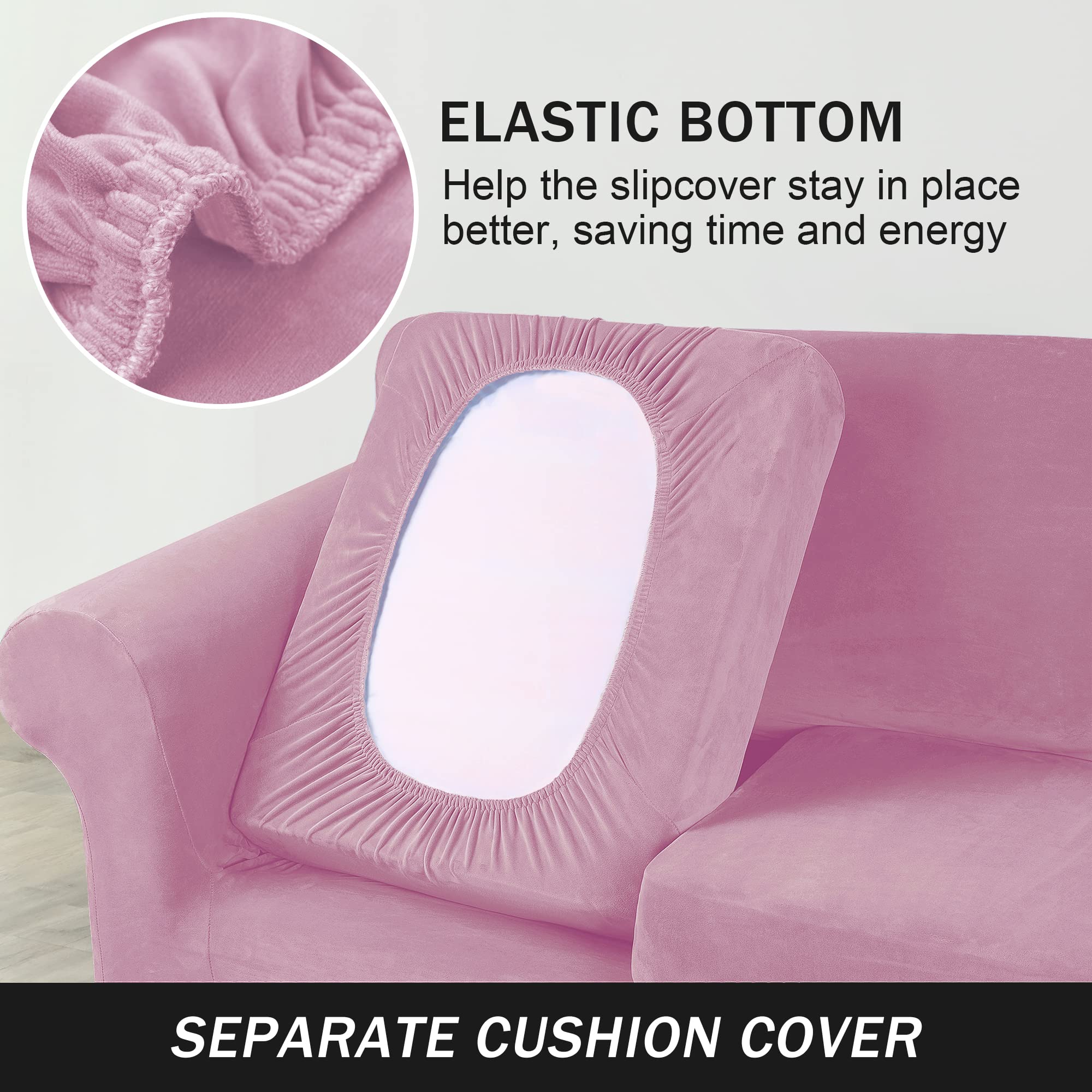 Ultra Soft Velvet Stretch Sofa Slipcover - Large Pink Couch Cover for Pets & Kids, Furniture Protector with Elastic Edges | Perfect for Living Room, Family Room & Home Decor
