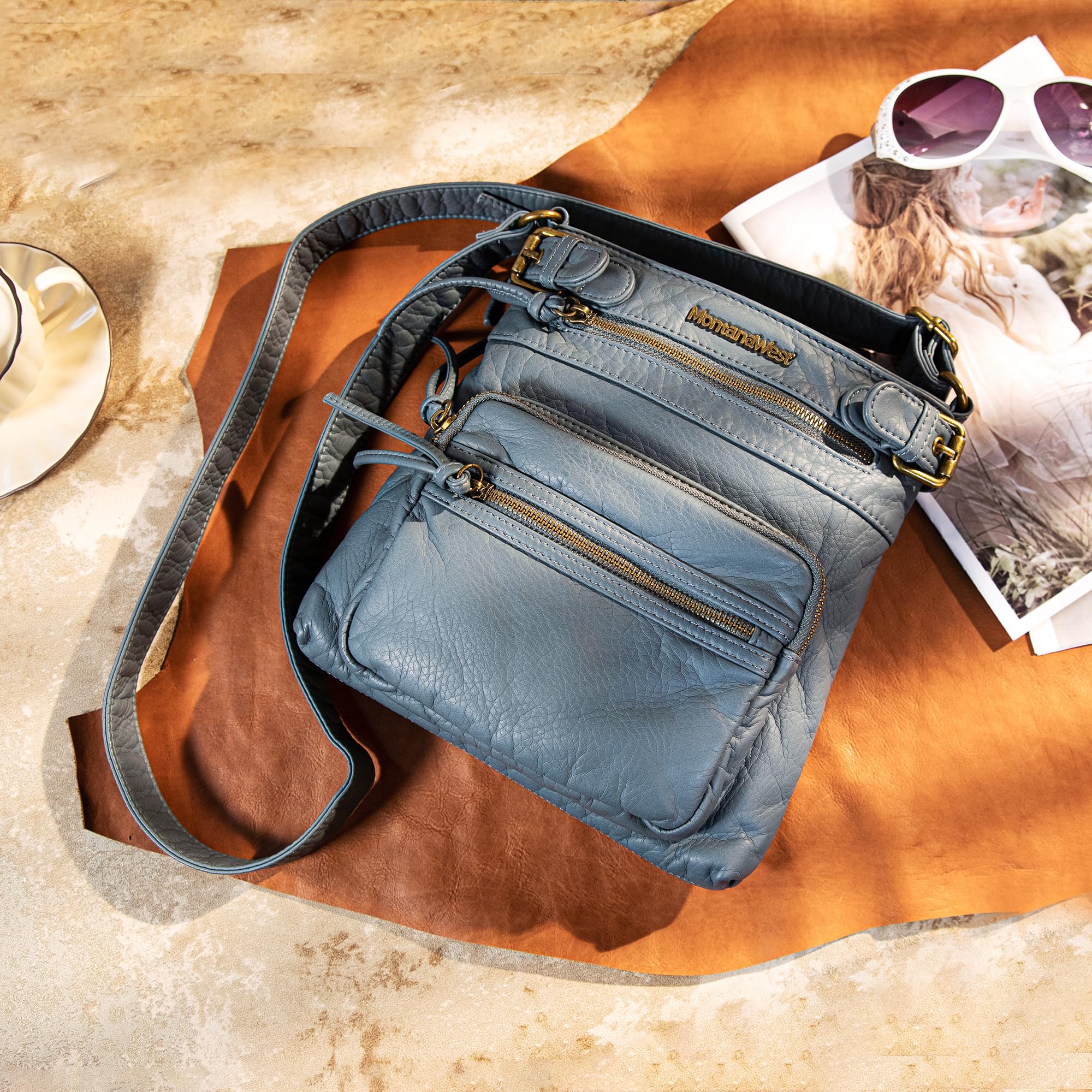 Montana West Women's Soft Washed Leather Crossbody Bag with Multiple Pockets - Stylish Shoulder Purse for Everyday Use, Travel & Shopping