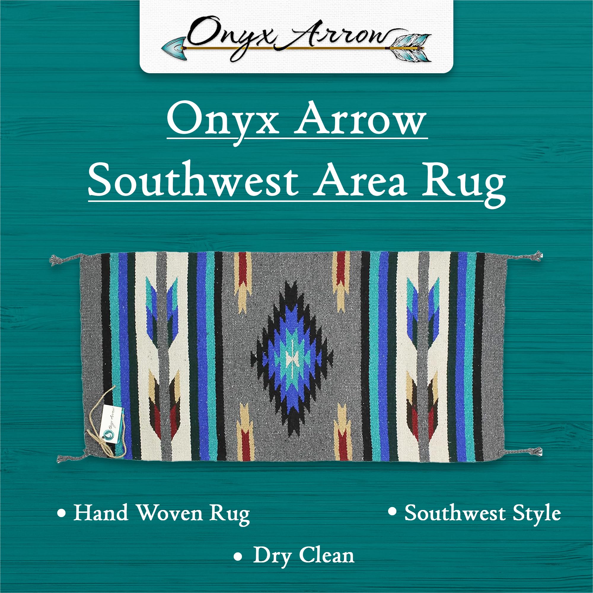 Southwest Area Rug - Machine Washable Bohemian Rug for Indoor & Outdoor Use - Farmhouse Western Decor Rug for Living Room, Dining Room, Bedroom - Diamond Pattern in Gray/Black/Blue - 32
