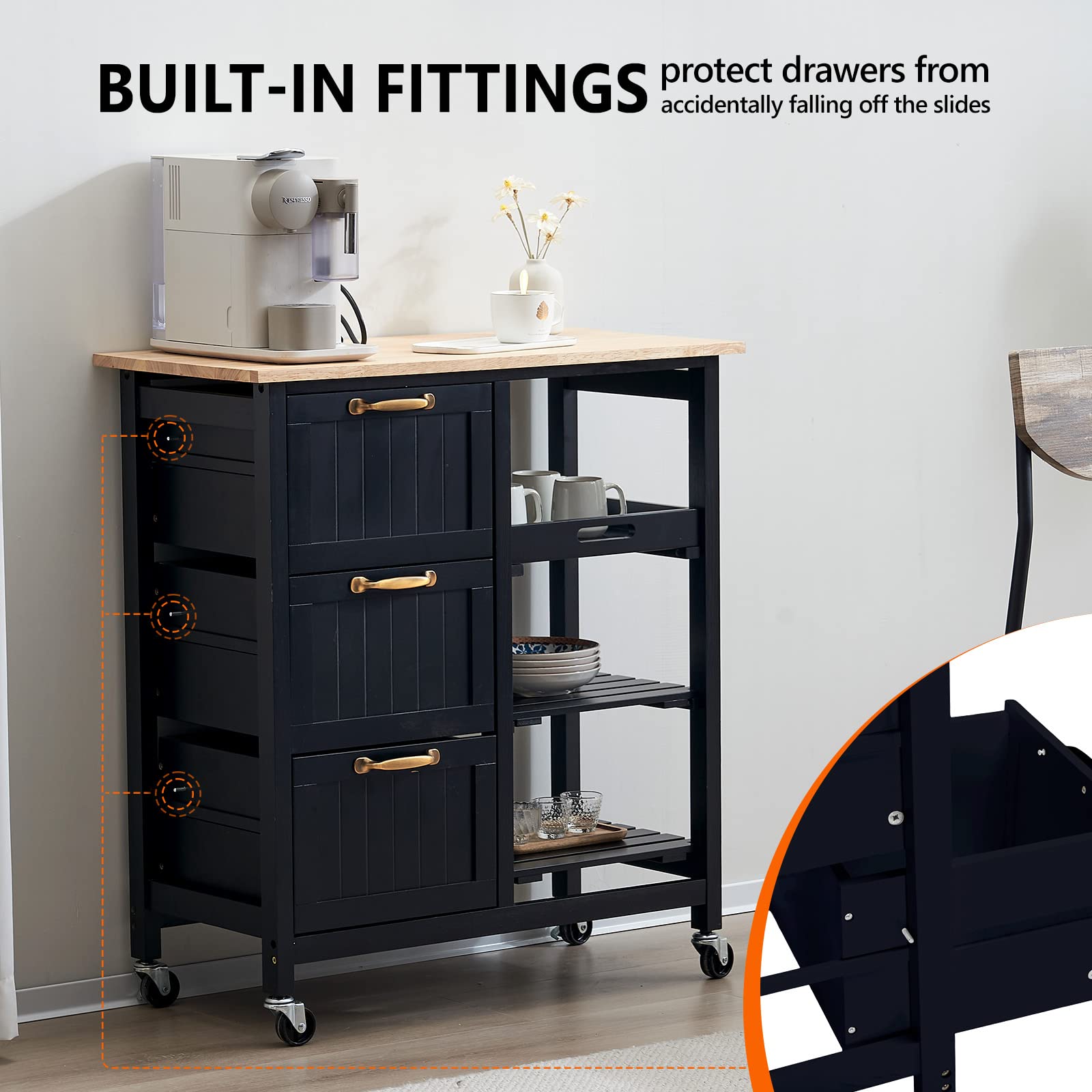 VINGLI Kitchen Island Cart with 3 Drawers, 2 Tier Holders & Removable Tray - Black Rolling Storage Cabinet with Solid Wood Top for Small Kitchen, Microwave Trolley, Home Serving Bar Cart | Perfect for Kitchen Organization, Entertaining & Space-Saving Storage