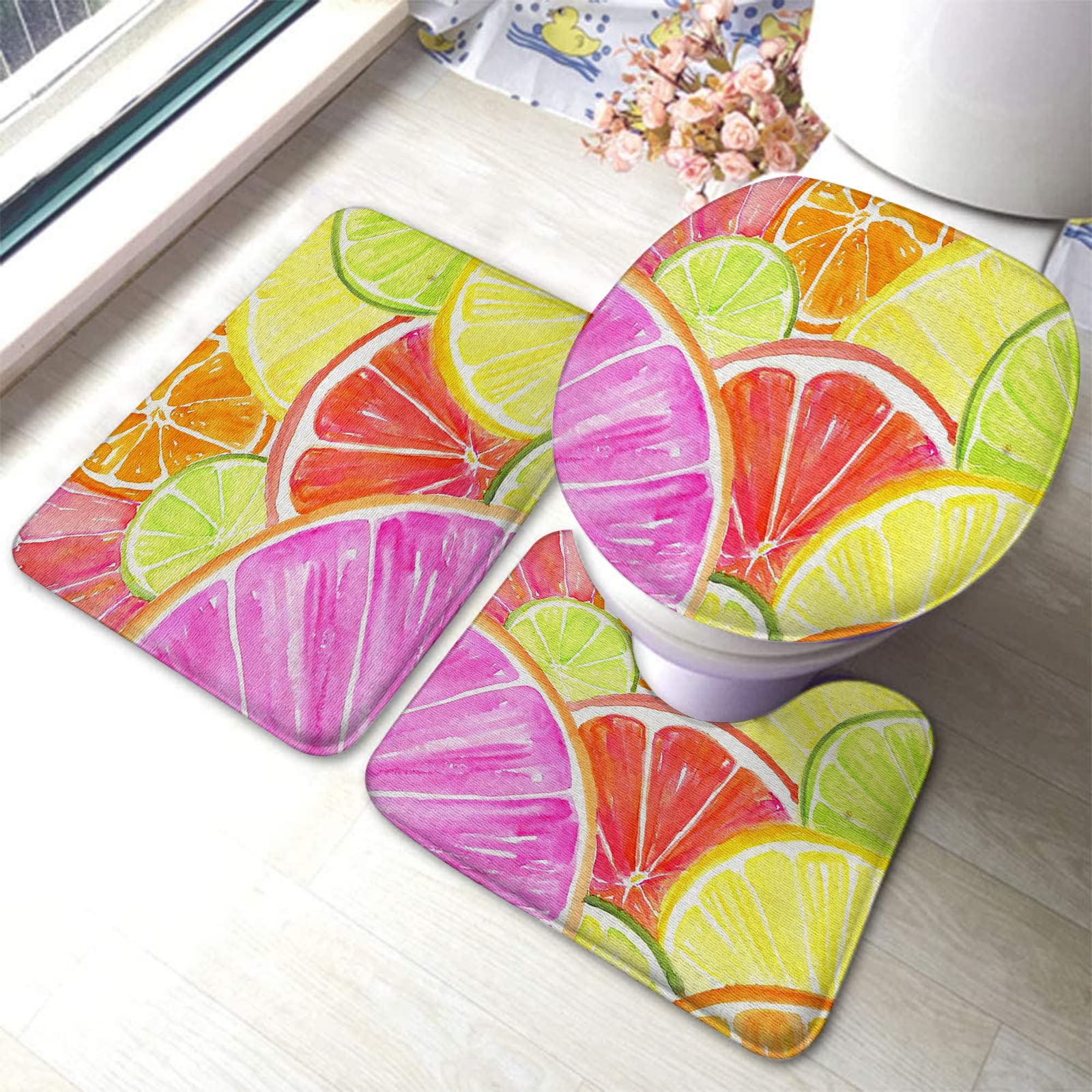 3-Piece Non-Slip Bathroom Rug Set - Absorbent Washable Bath Mats with Citrus Watercolor Design (Grapefruit, Lemon, Orange, Lime) for Modern Kitchen & Bathroom Decor - Perfect for Bathroom Safety and Stylish Home Accents