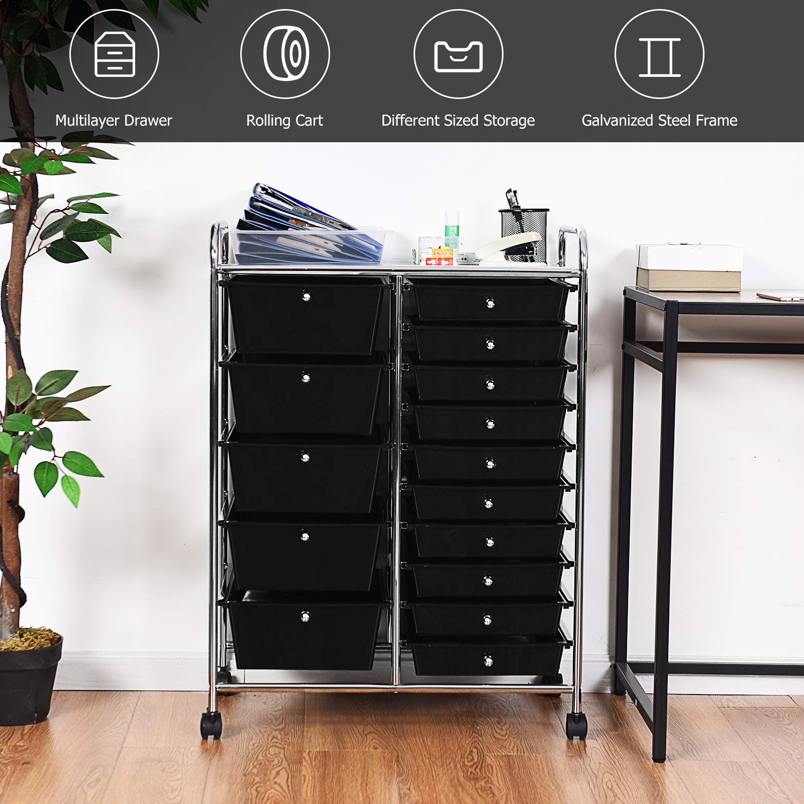 Byroce 15-Drawer Rolling Storage Cart - Mobile Organizer for Art Supplies, School Tools & Office Paper - Multipurpose Wheeled Craft Cart for Classroom, Home & Office (Black) | Perfect for Teachers, Artists & Home Organization