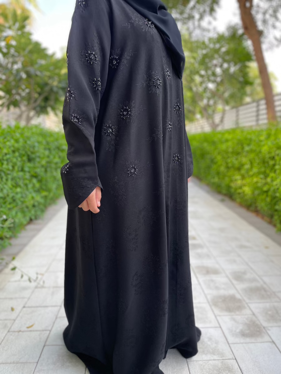 Elegant Black Open Abaya with Floral Embossed Design & Handcrafted Beading - Perfect for Muslim Women's Prayer, Eid Celebrations & Special Occasions
