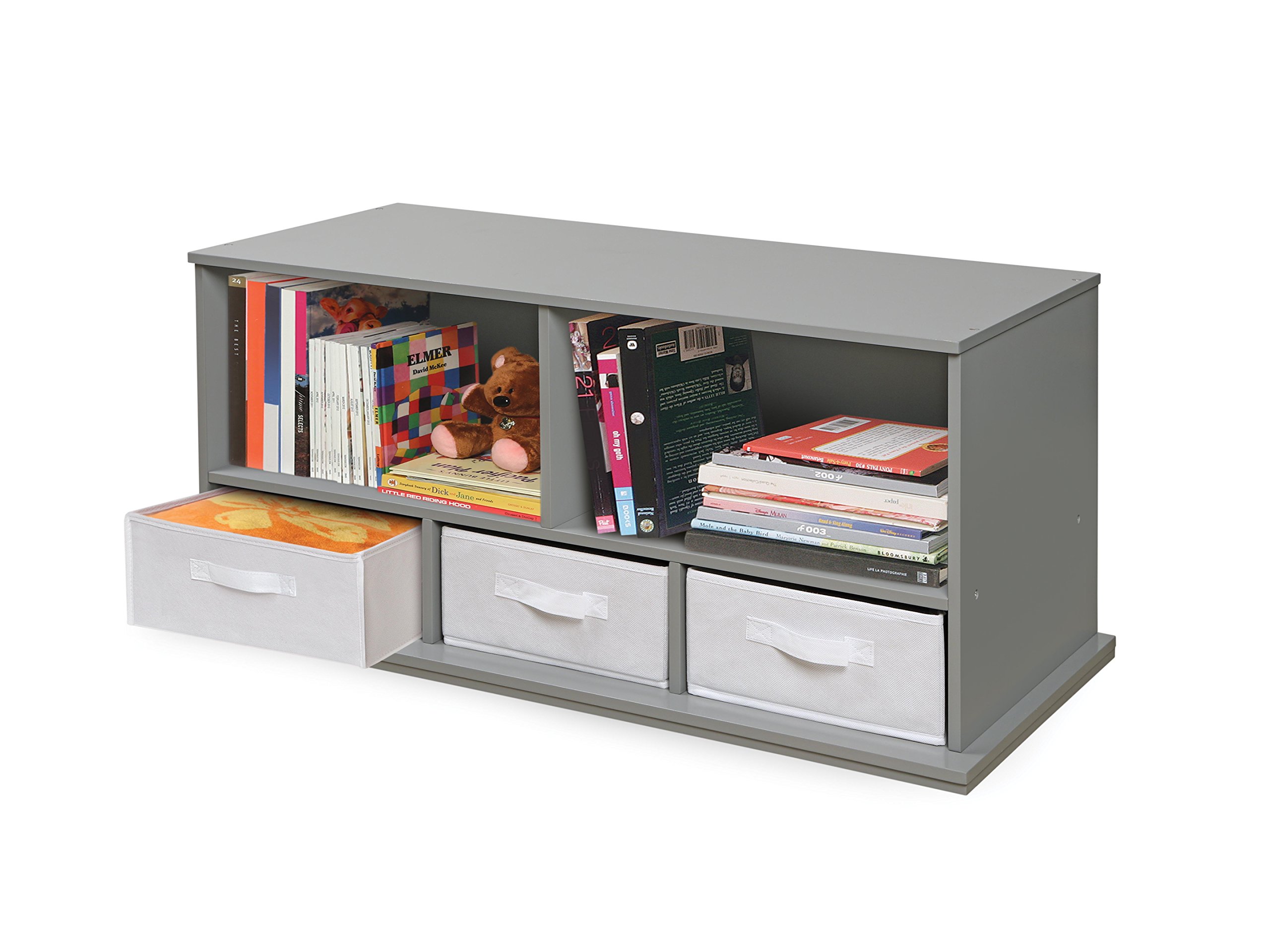 Badger Basket 5-Shelf Stackable Toy Storage Organizer with 3 Fabric Bins - Gray | Kids Room Organization & Playroom Storage Solution