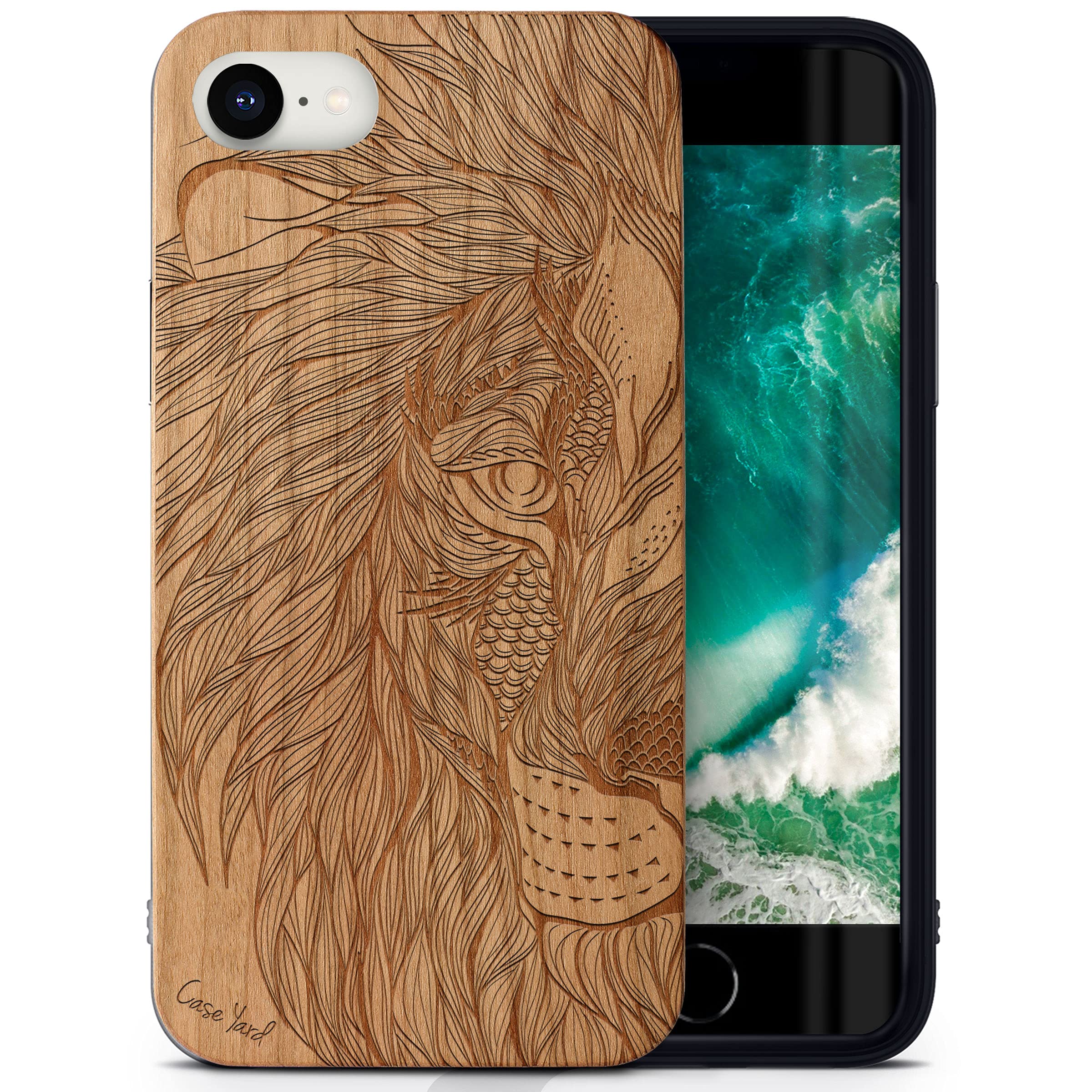 Premium Cherry Wood Phone Case for iPhone SE - Laser Engraved Tribal Lion Design | Slim Fit Shockproof Protective Cover for Men & Women | Perfect for Outdoor Adventures & Daily Use