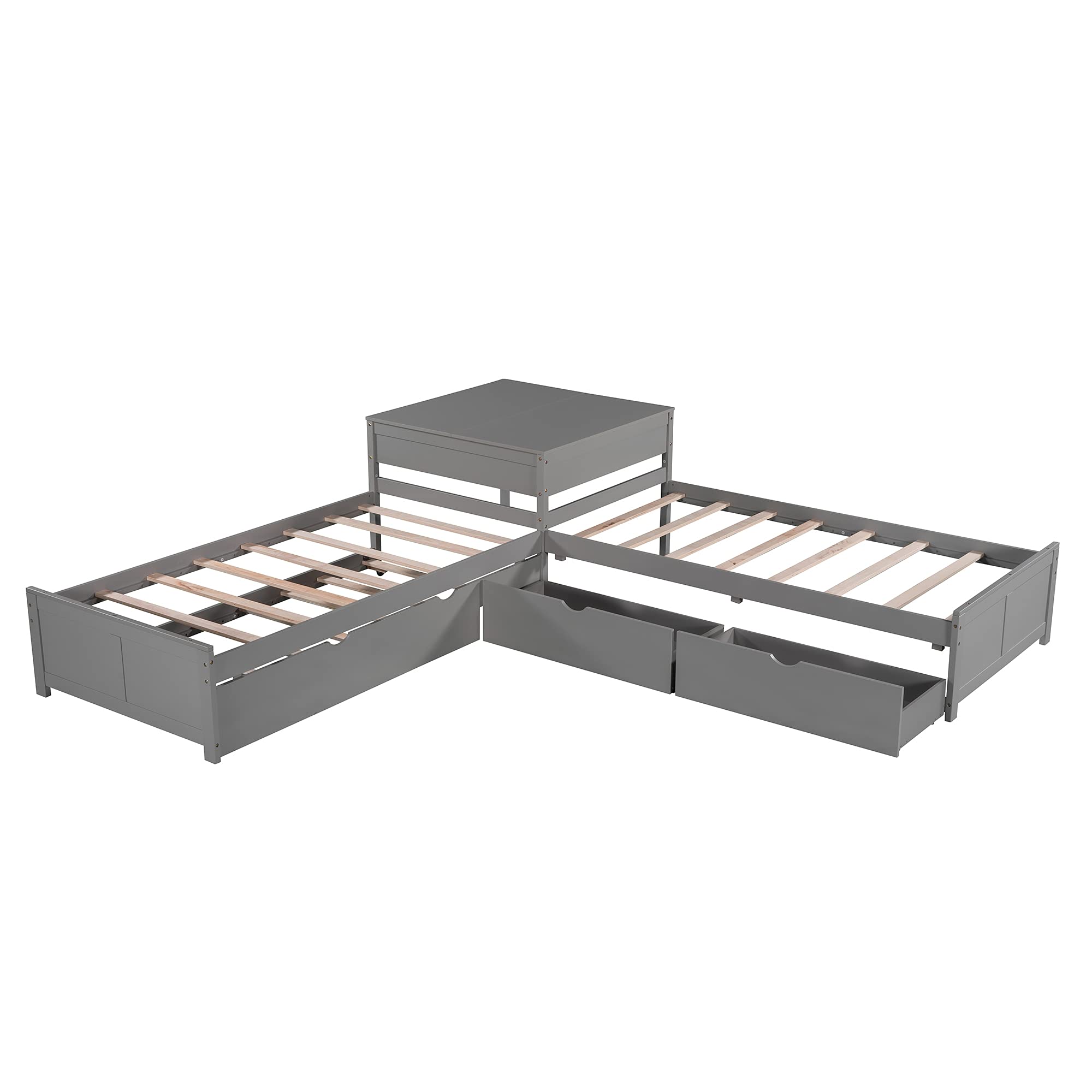 Merax L-Shaped Twin Platform Bed with Trundle & Built-in Desk - Space-Saving Wooden Bed Frame with Storage Drawers for Teens & Small Rooms - Perfect for Dorm, Apartment or Guest Room