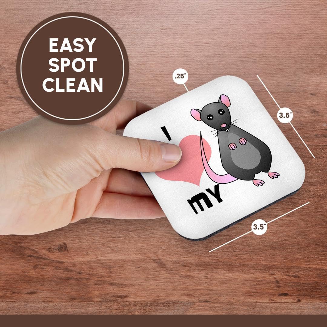 3D Rose Love My Rat Grey Soft Coasters Set of 8 - Absorbent Drink Coasters for Home, Office, or Bar Use