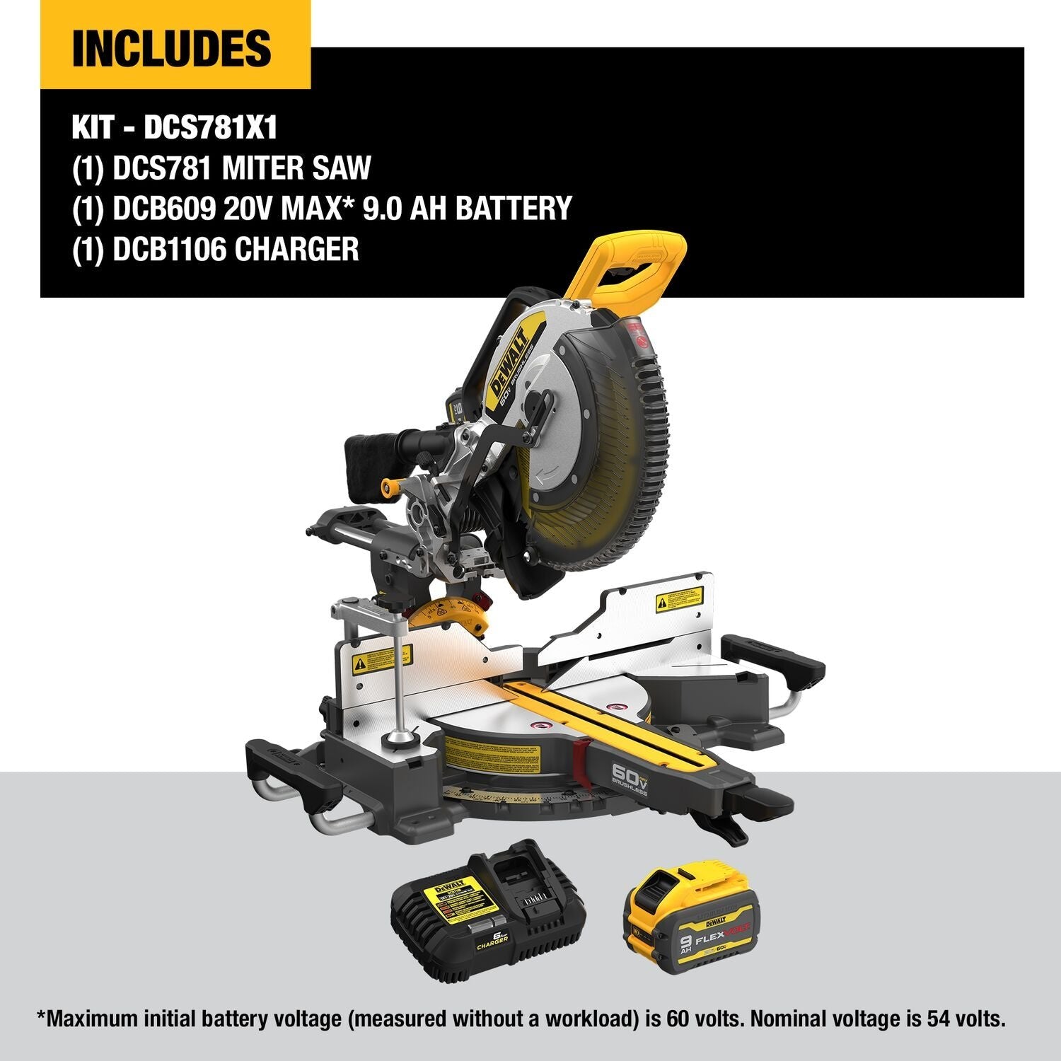 DEWALT DCS781X1 12-Inch 60V MAX Cordless Sliding Miter Saw with 9.0Ah Battery - Perfect for Woodworking, Framing, and DIY Home Improvement Projects