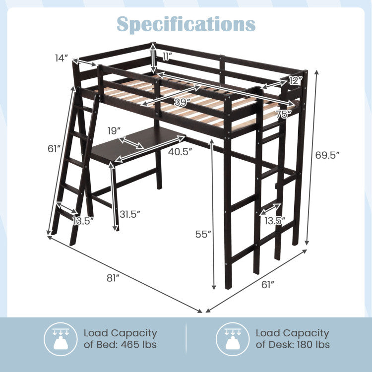 Costway Twin Size Loft Bed Frame with Built-In Desk & Safety Ladder - Space-Saving Study & Sleep Solution for Kids & Teens Bedrooms, Dorms & Small Apartments