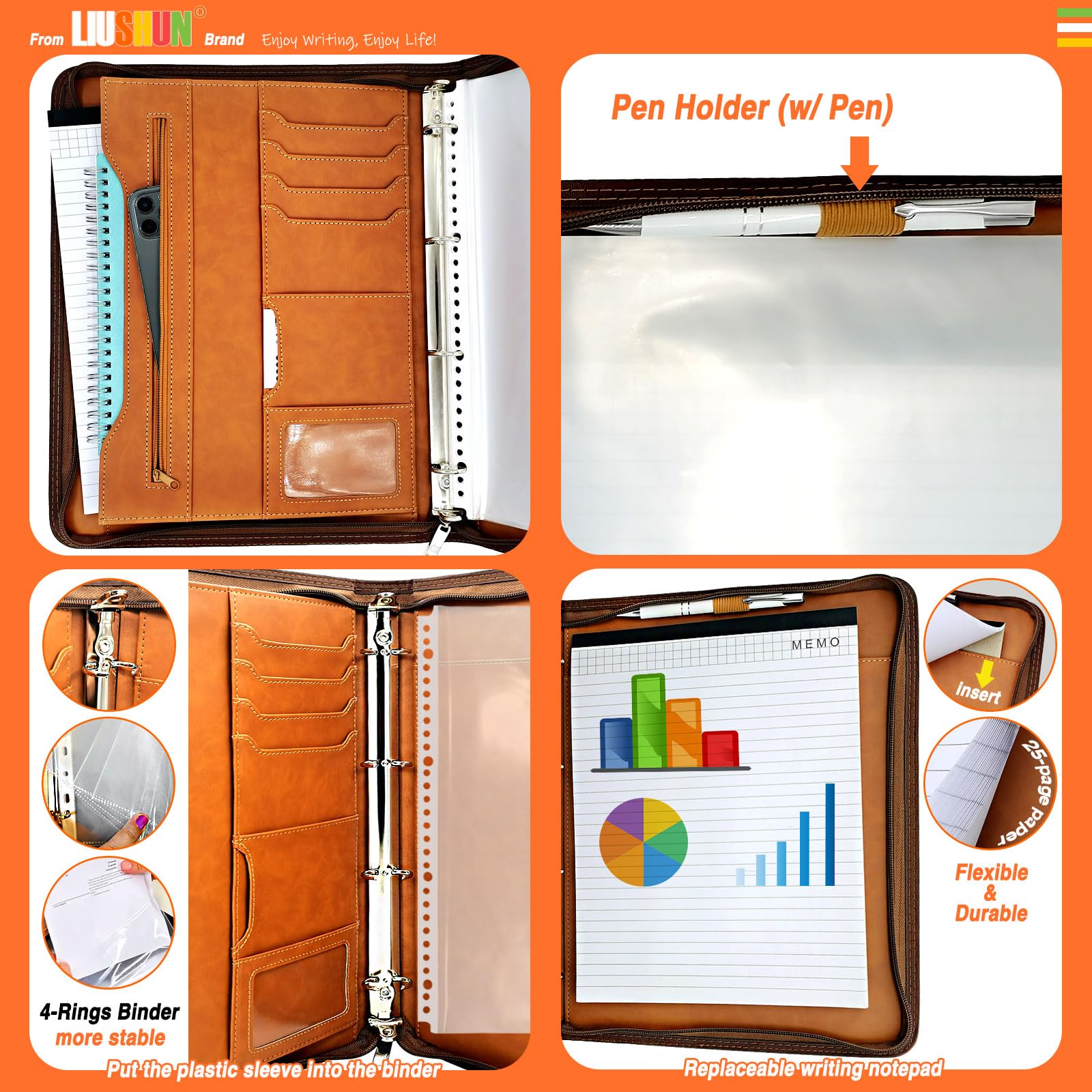 Premium PU Leather Zipper Portfolio Organizer - Professional Business Document Holder with 4-Ring Binder, Exterior Pocket & Card Slots - Perfect for Resumes, Passports, Tickets & Office Essentials (Brown) - Ideal for Business Meetings, Job Interviews & Travel Organization