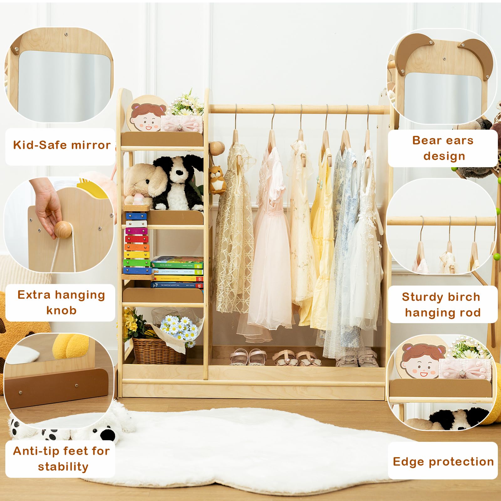 Wooden Kids Costume Organizer with Mirror - 4-Tier Toddler Clothing Rack & Open Hanging Wardrobe for Girls & Boys | Montessori Furniture for Dress Up Storage | Perfect for Bedroom, Playroom & Nursery Organization