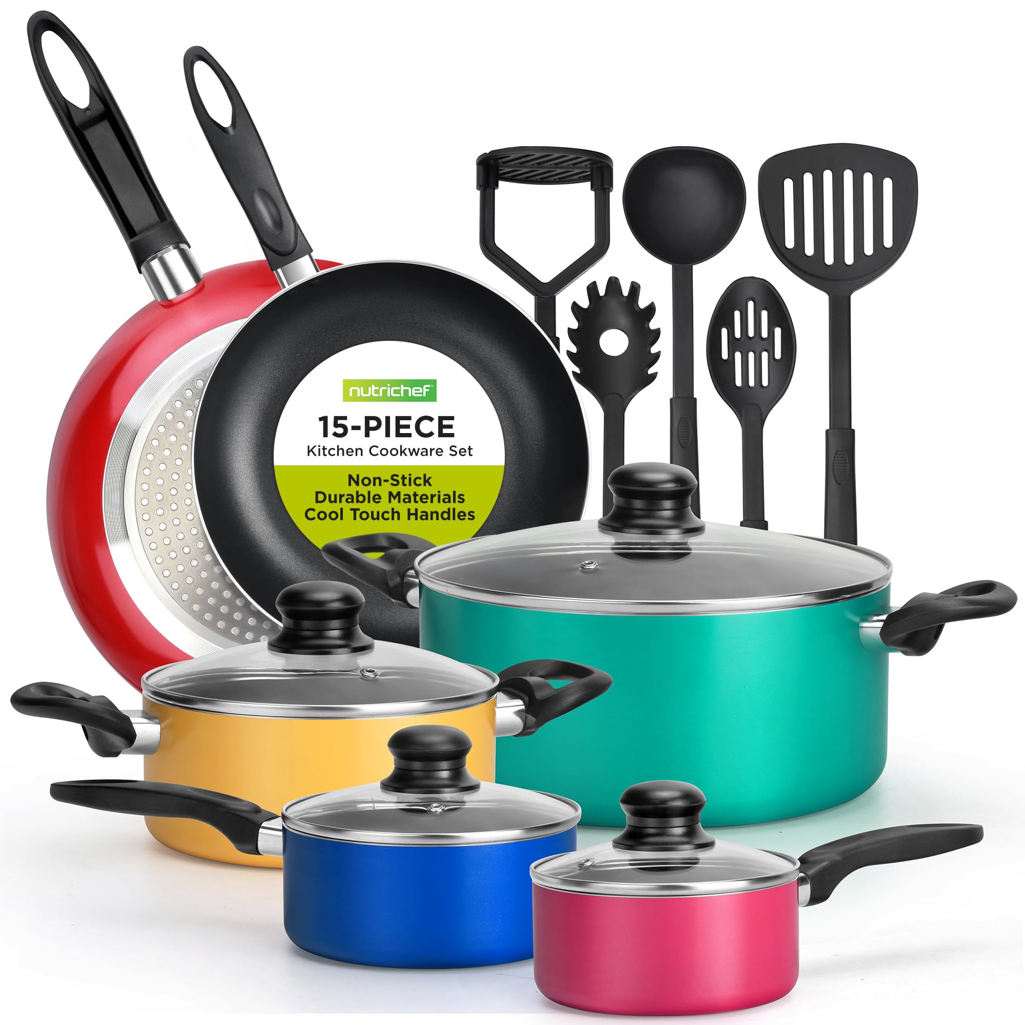NutriChef 15-Piece Nonstick Cookware Set with Lids & Cooking Utensils - Pots & Pans for Home Kitchen, Travel - Multiple Sizes & Colors - Perfect for Cooking, Camping & Small Spaces