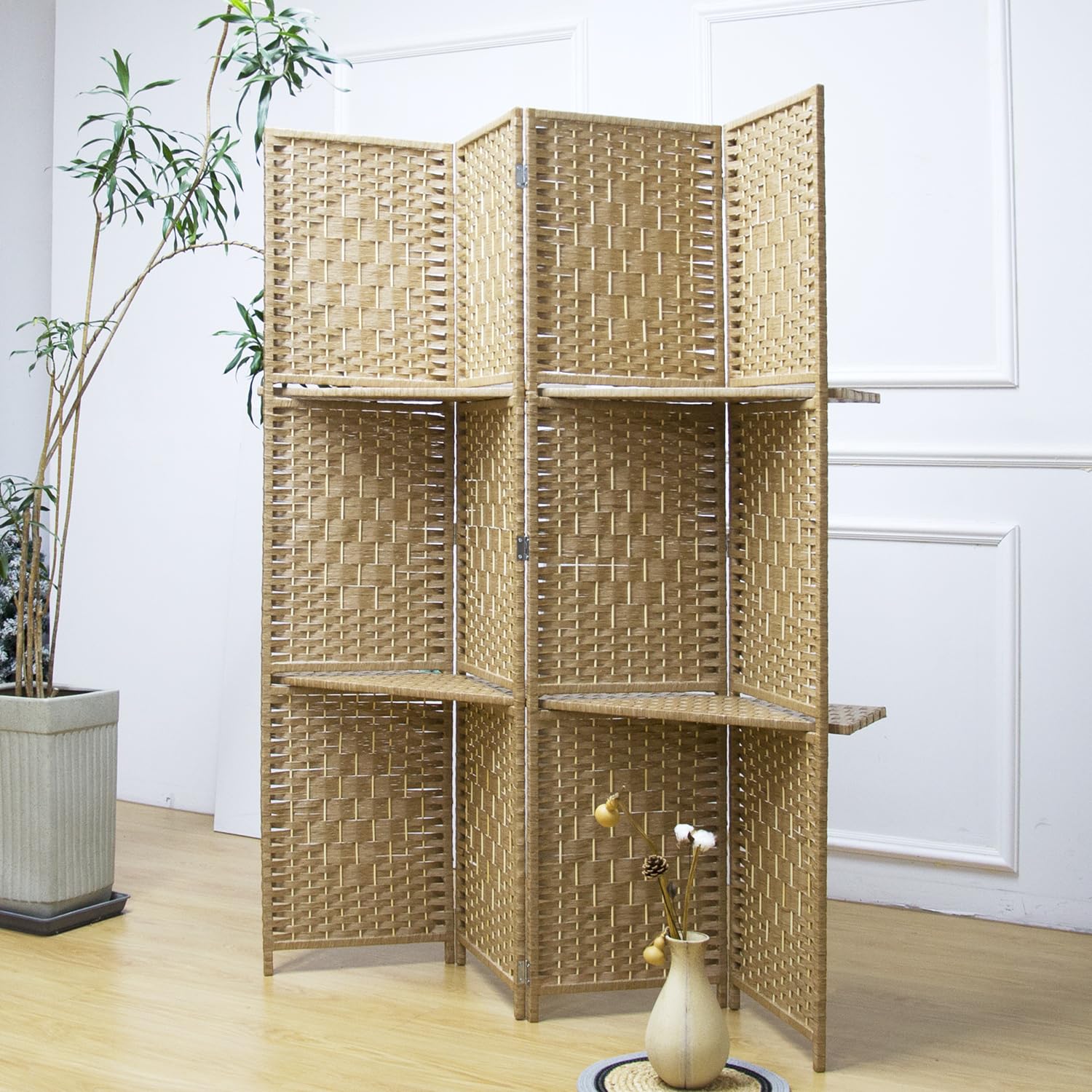 4 Panel Folding Room Divider with Removable Storage Shelves - Light Brown Privacy Screen 67