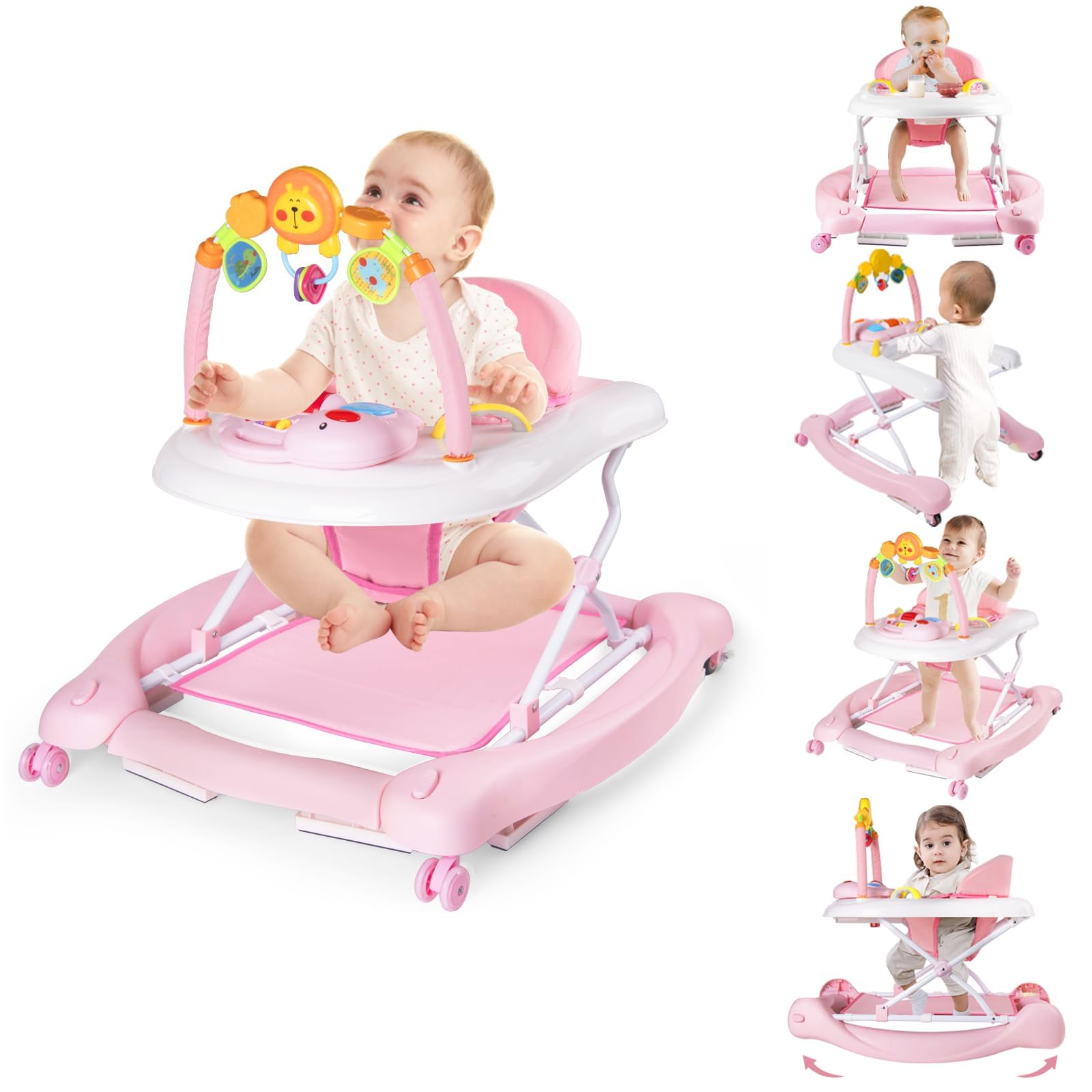 5-in-1 Baby Walker for Boys & Girls 6-12 Months | Foldable Activity Walker with Adjustable Height, Removable Footrest & Feeding Tray | Infant Walker with Bouncer & Music | Perfect for Learning to Walk & Playtime at Home