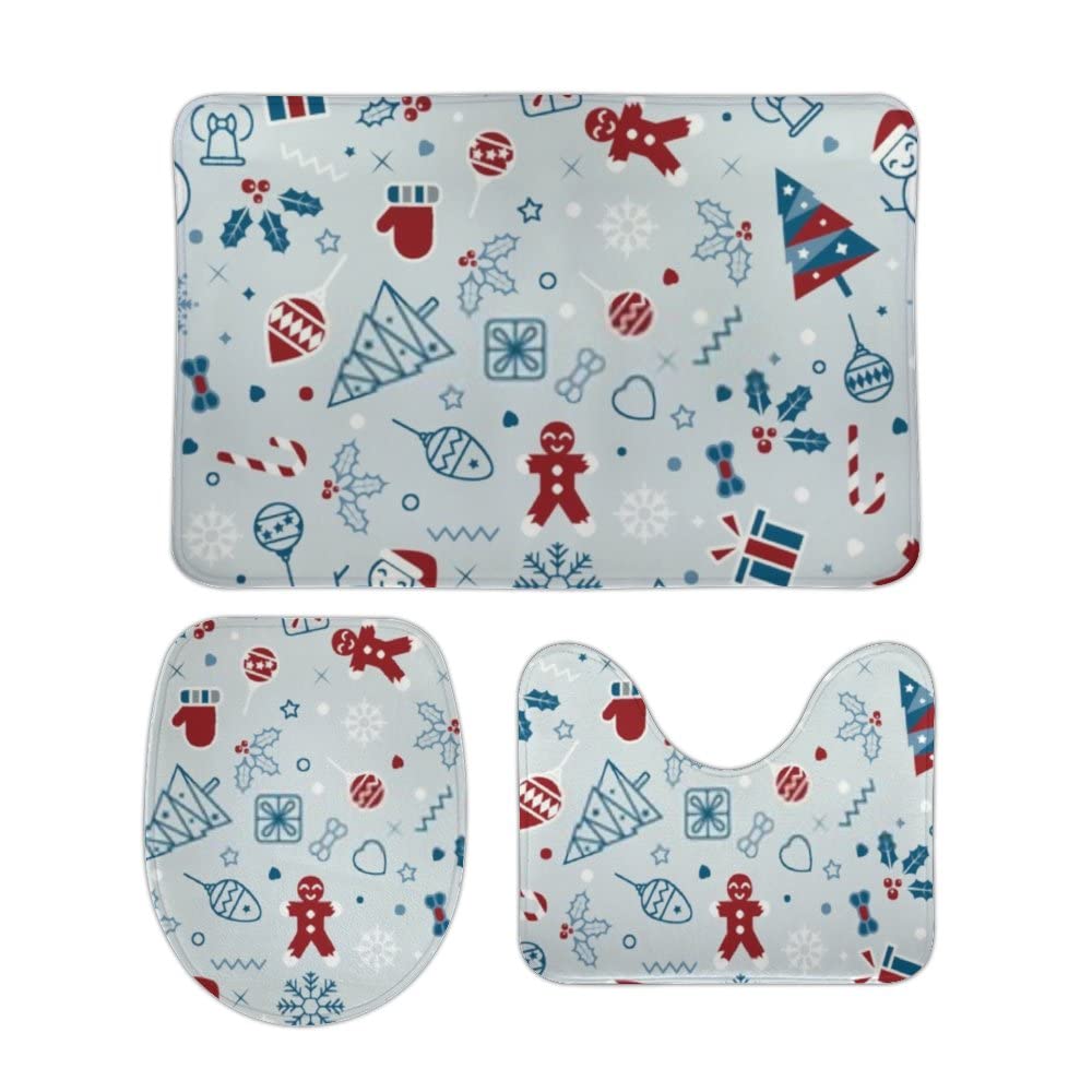 Hapuxt 3-Piece Bath Rug Set - Non-Slip Absorbent Bathroom Mats with Toilet Lid Cover & U-Shaped Contour Rug - Christmas & New Year Decor - Machine Washable - Perfect for Bathroom Safety and Holiday Decorations
