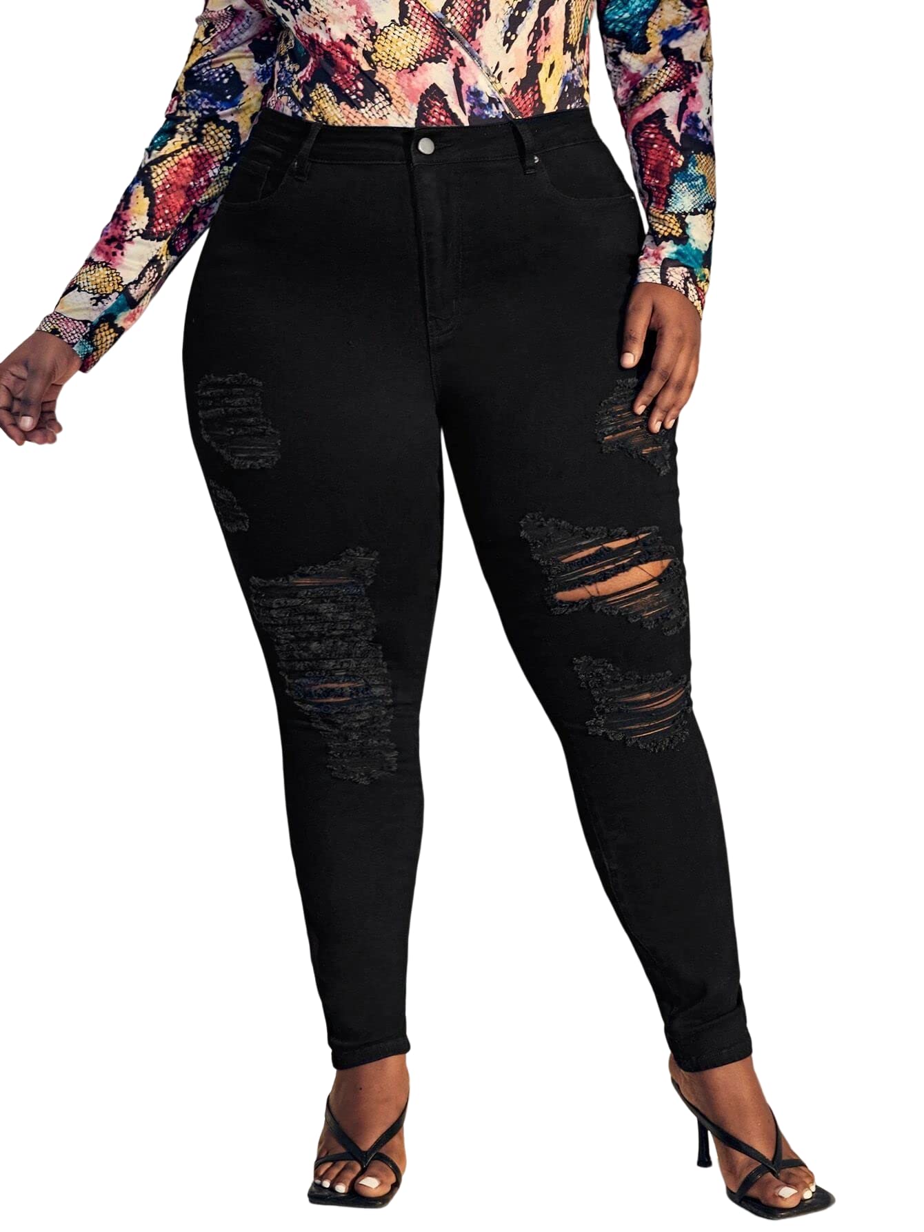 Jack David Women's Plus Size Denim Skinny Jeans - Stretch Ripped Distressed Pants for Casual Wear & Street Style Fashion