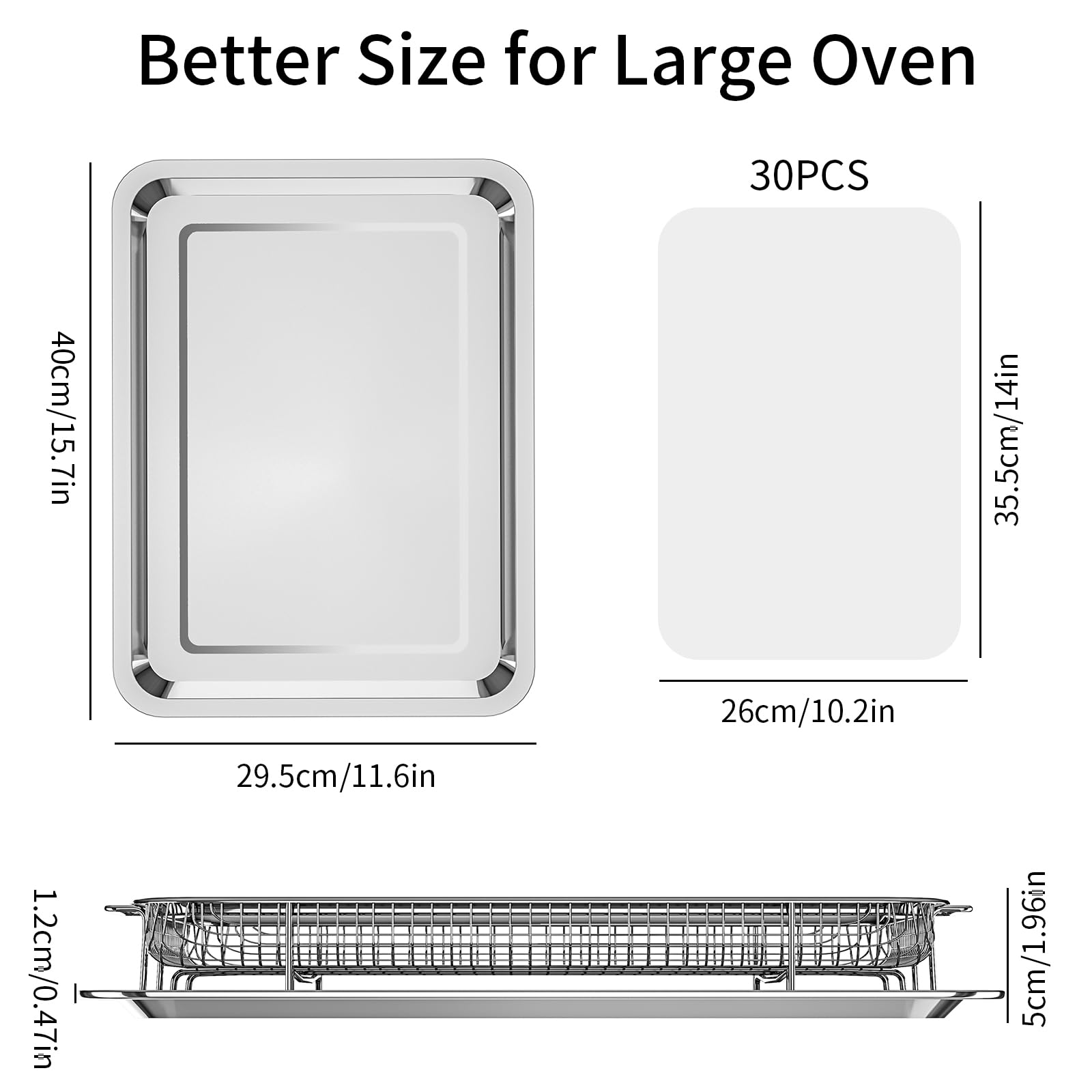OPENICE 15.6 x 11.6 Inch Large Stainless Steel Air Fryer Basket & Pan Set with 30 PCS Parchment Papers - Oven Safe Baking Tray for Grilling, Roasting & Healthy Cooking - Perfect for Chicken Wings, French Fries & Vegetables